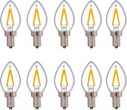 C7 Led Light Bulbs, 15W Incandescent Equivalent Led Bulbs 2200K Warm Yellow 100Lumens Clear Glass Cover E14 Candle Base Mini Candelabra Lightbulbs Mini Torpedo Shape 10 Packs