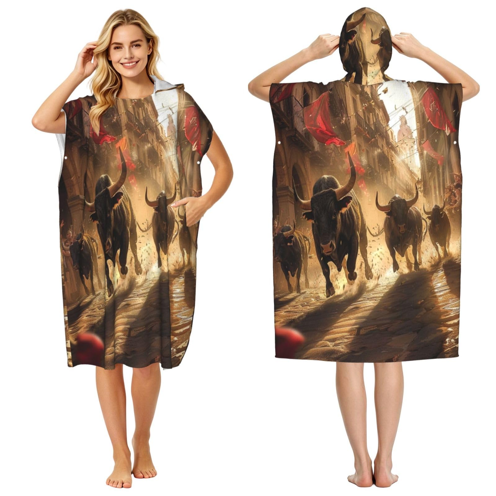 KLGRTJHK Running Bull Festival Adult Hooded Beach Poncho Towel 43"X35"