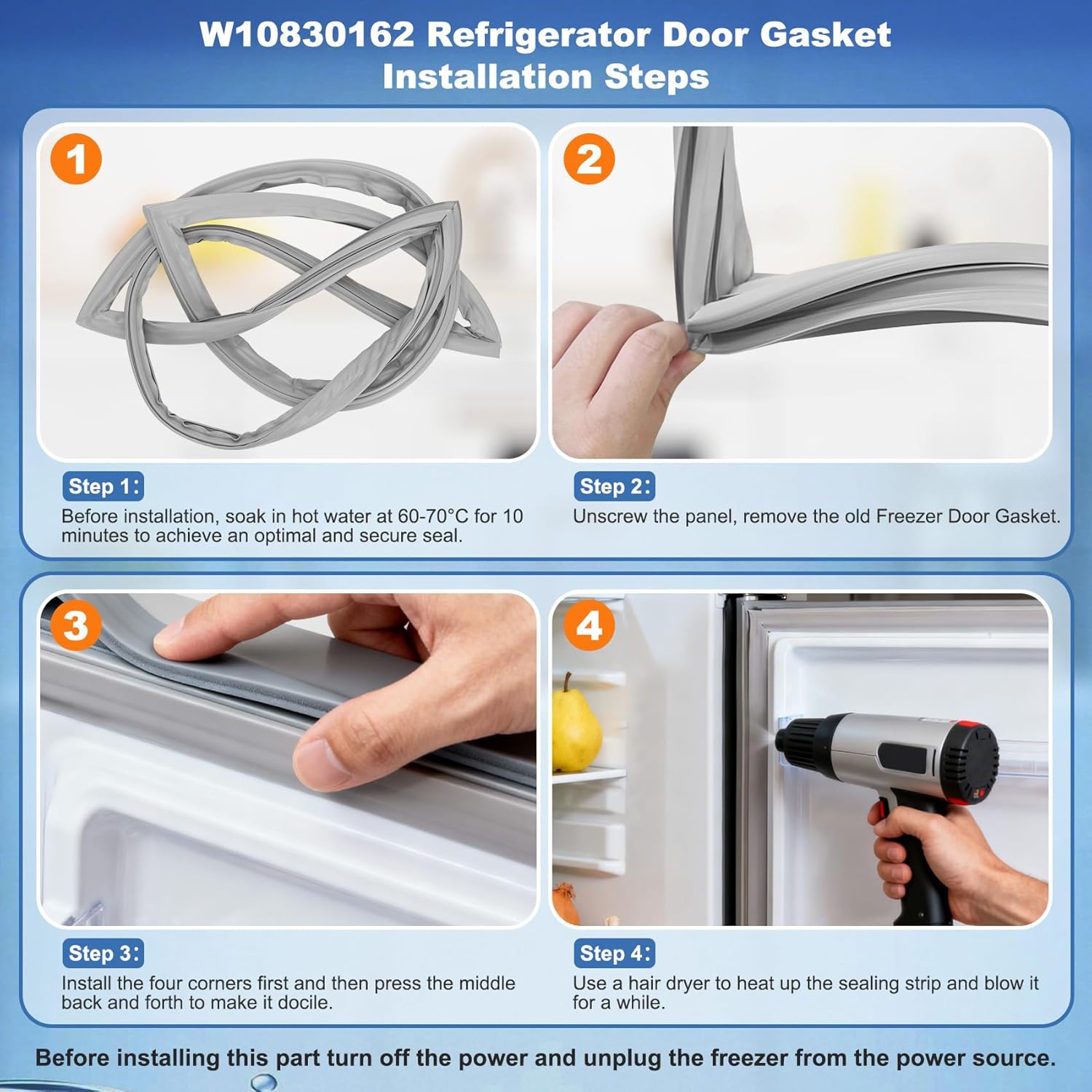 W10830162 Refrigerator Door Gasket, French Refrigerator Door Seal Compatible with Whirlpool, Kitchen-Aid, Kenmore Fits WRF535SMBW00, KBFS20EVMS13, Replaces 12723206AP W10179332, 39.7 x 16.9 in