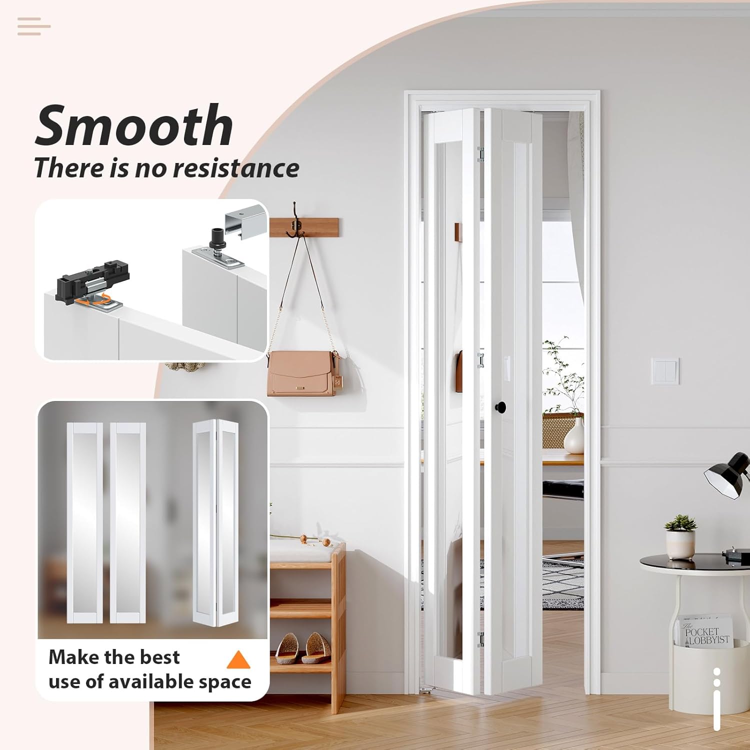 FREDBECK Preassembled Bifold Mirrored Barn Doors for 24x80 Opening,Interior folding Closet Door and Hardware Kit Included, PVC Surface, White,for Pantry,Laundry Room