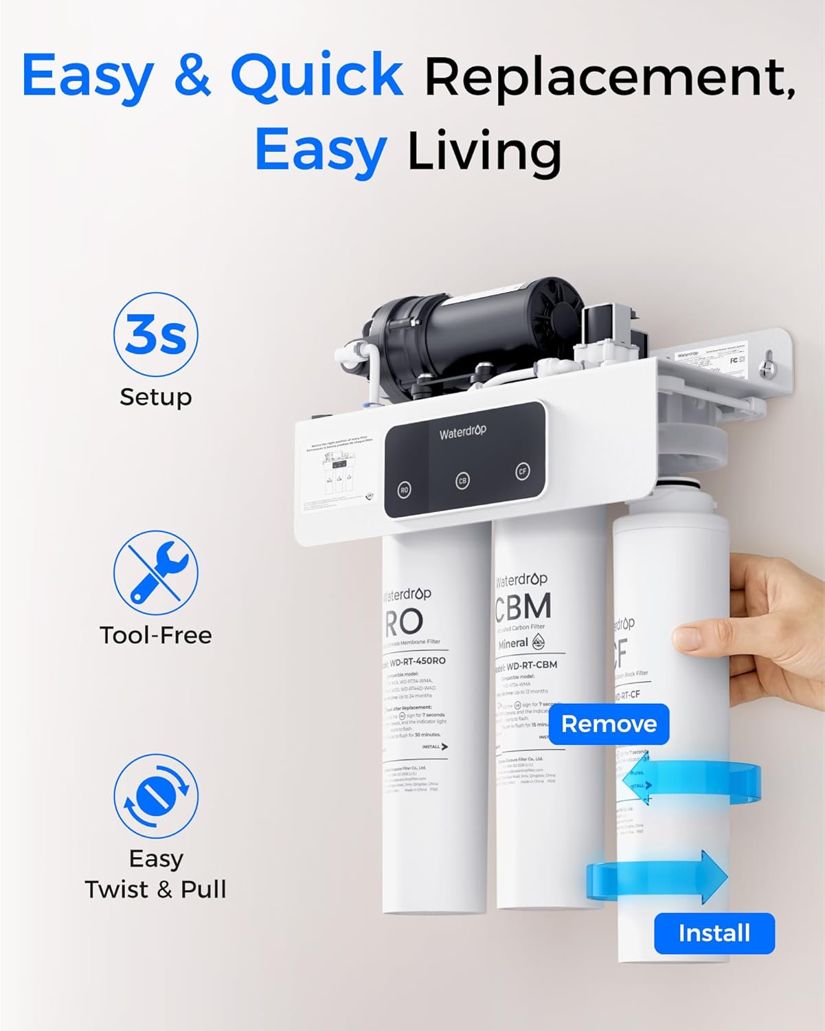 Waterdrop 𝐖𝐃-𝐓𝟑-𝐑𝐂𝐌𝐎 Replacement Filter, Pack of 1 RO, Pack of 2 CF and 1 CBM Filter, Replacement for 𝐖𝐃-𝐓𝟑-𝐌 Tankless Reverse Osmosis Water System (𝟐*𝐂𝐅 + 𝟏*𝐂𝐁𝐌 + 𝟏*𝐑𝐎) - Image 9