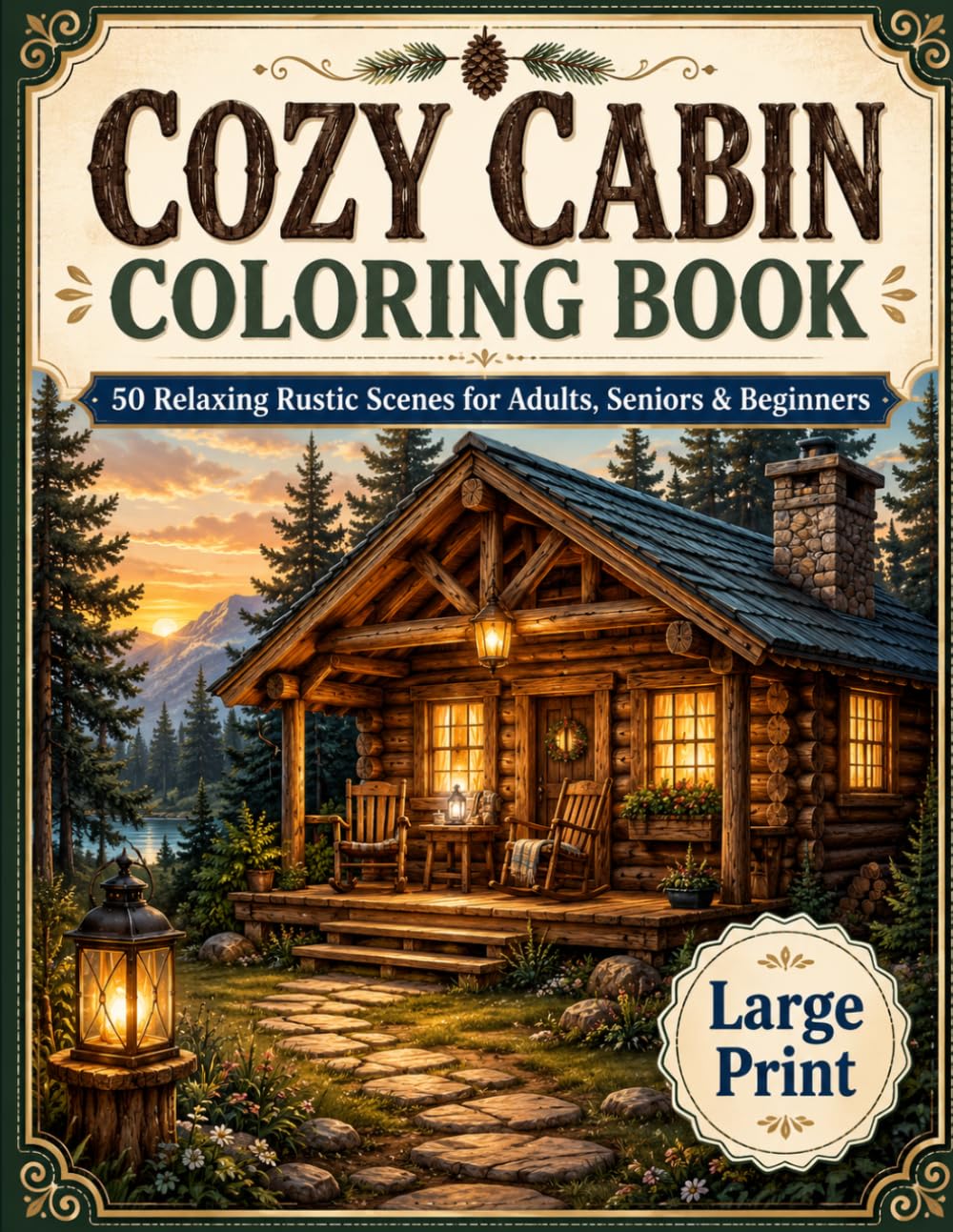 Cozy Cabin Coloring Book: 50 Relaxing Rustic Scenes with Bold & Simple Designs for Adults, Seniors & Beginners