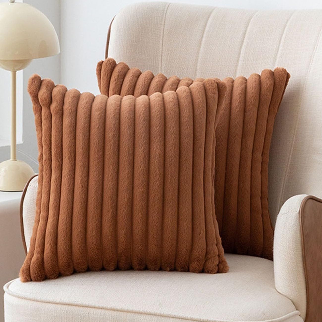 SWJ-swjssb Set Of 2 Faux Fur Plush Throw Pillow Covers 18x18, Fluffy Striped Pillowcase Square Cushion Covers 18 X 18 20x20 Inches For Sofa Couch Bed Pillow Case(Brown,50x50 cm Set of 2)