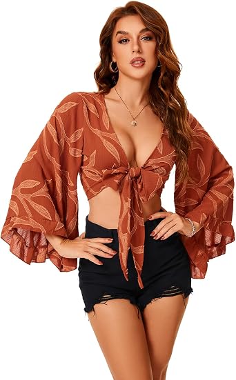 Womens Boho 70s Hippie Crop Top Deep V Neck Tie Front Long Bell Sleeve Blouse for Western Country Concert Outfits
