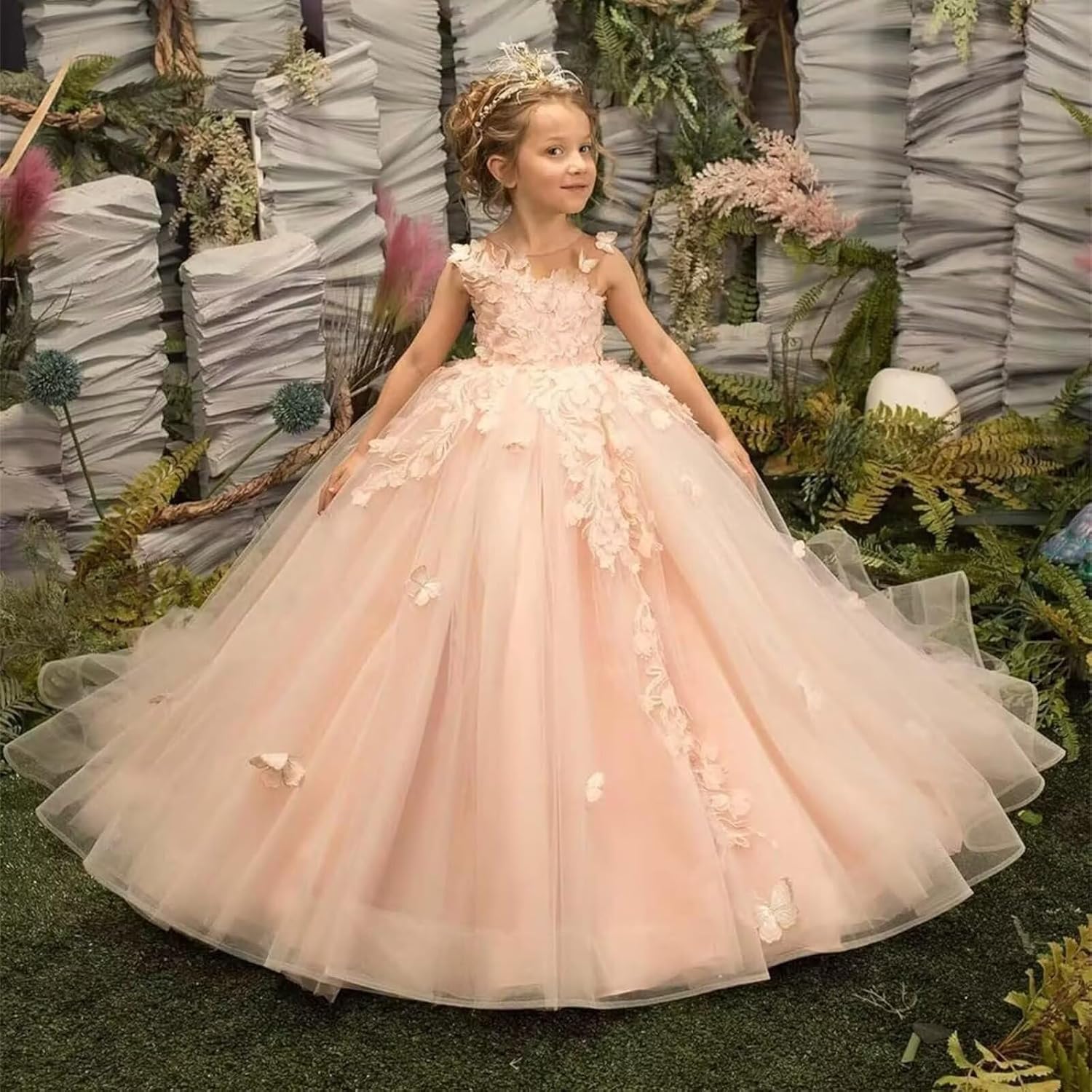 Tulle Flower Girl Dresses for Wedding 3D Butterfly Pageant Ball Gown Round Neck First Communion Dress