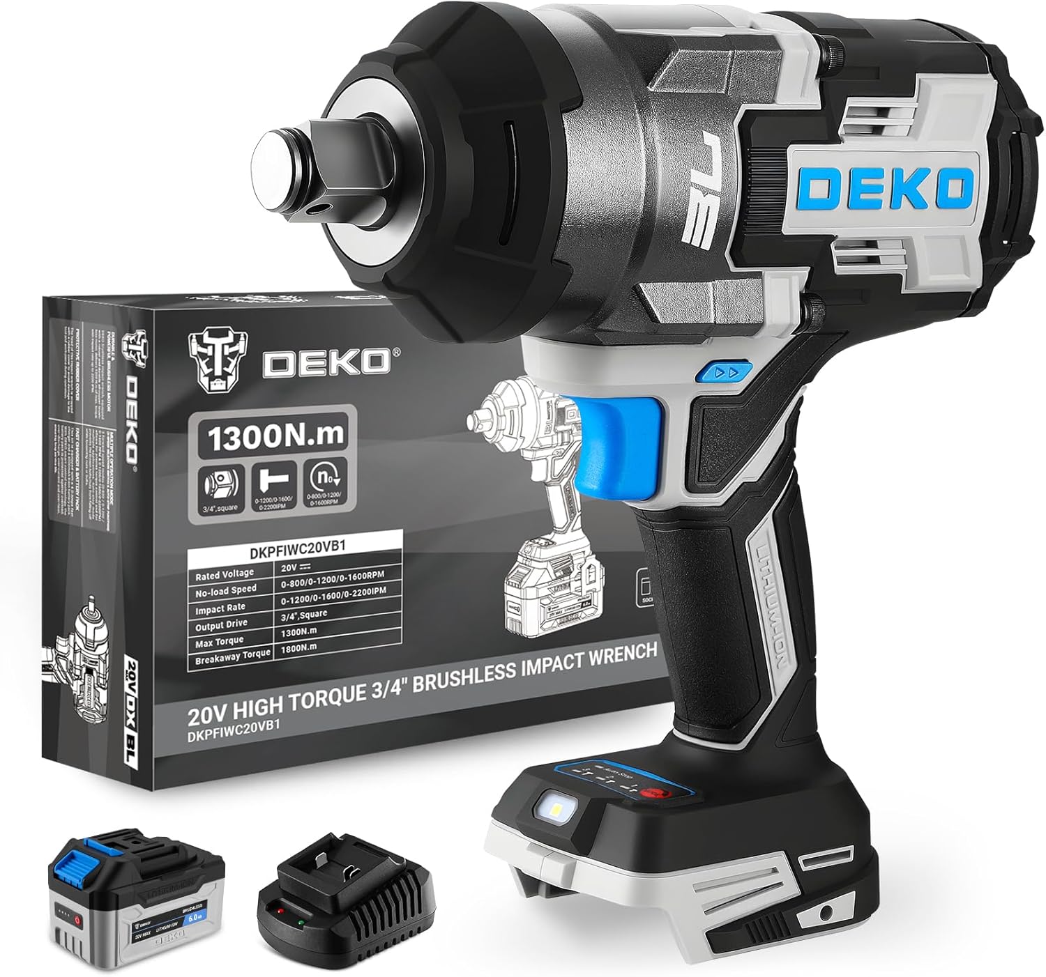 High Torque Impact Wrench: DEKOPRO 20V 3/4" Impact Gun, 1300Ft-lbs(1800N.m) Cordless Impact Wrench Power Variable Speeds for Building Construction, Equipment Maintenance, Vehicle Assembly