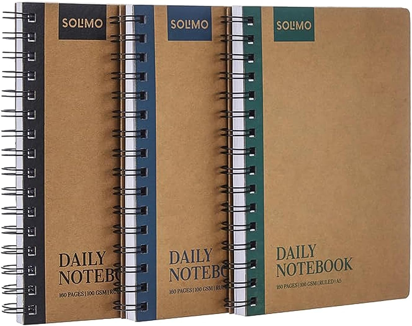Amazon Brand - Solimo Notebooks, Spiral-Bound, Kraft Cover, Lightweight, Pleasing Designs (A5, 160 Pages, 100 GSM, Set of 3)