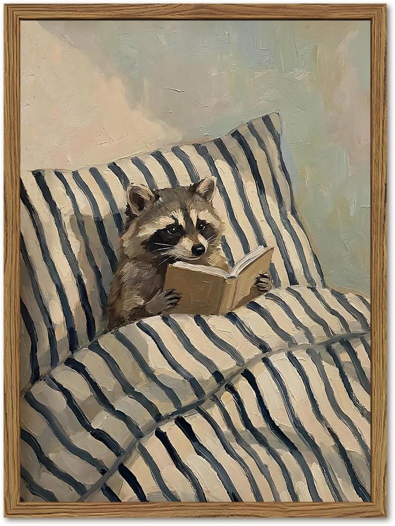 Cute Raccoon Reading Wall Art Vintage Animal Book Lover Wall Decor Picture Funny Raccoon Poster Canvas Painting Prints for Bedroom Reading Room Living Room 24x16 inch Wood Framed