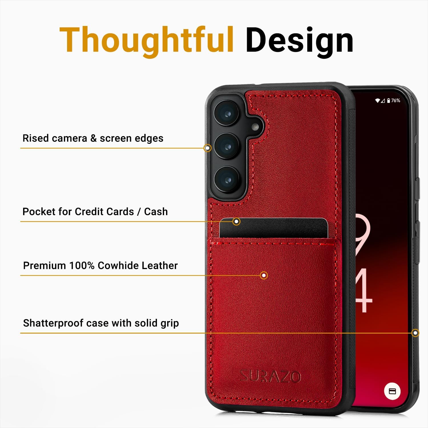 SURAZO Leather Case for Samsung Galaxy S25 Case with Camera Protection - Genuine Leather Back Mobile Phone Case [Card Slot] [Keyring] Shockproof Genuine Leather Protective Leather Case (Red)