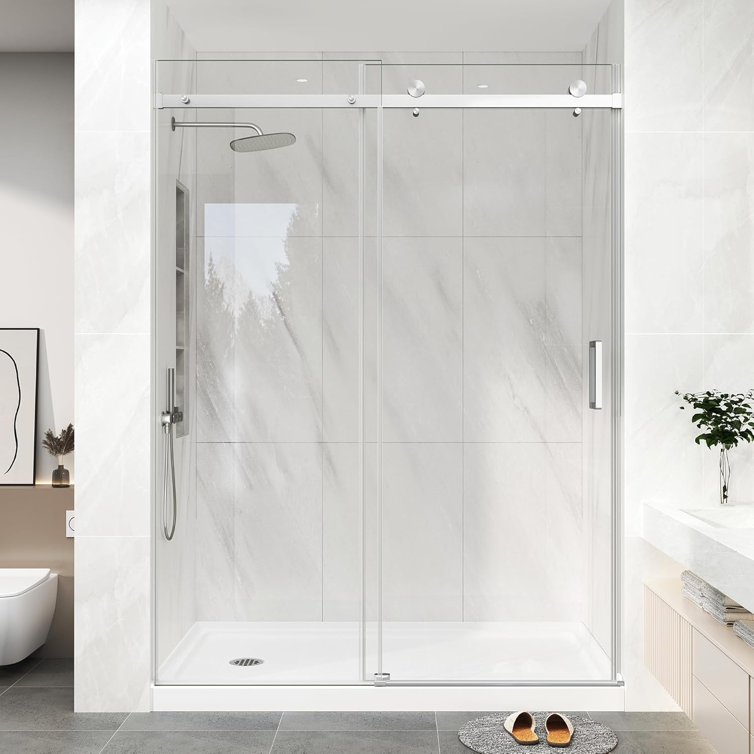 KPUY Frameless Shower Door, 55-60" W x 76" H Sliding Glass Shower Door, 1/4" (6mm) Thick Tempered Clear Glass with Explosion-Proof Film Nano Coating, Brushed Nickle
