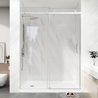 KPUY Frameless Shower Door, 55-60" W x 76" H Sliding Glass Shower Door, 1/4" (6mm) Thick Tempered Clear Glass with Explosion-Proof Film Nano Coating, Brushed Nickle