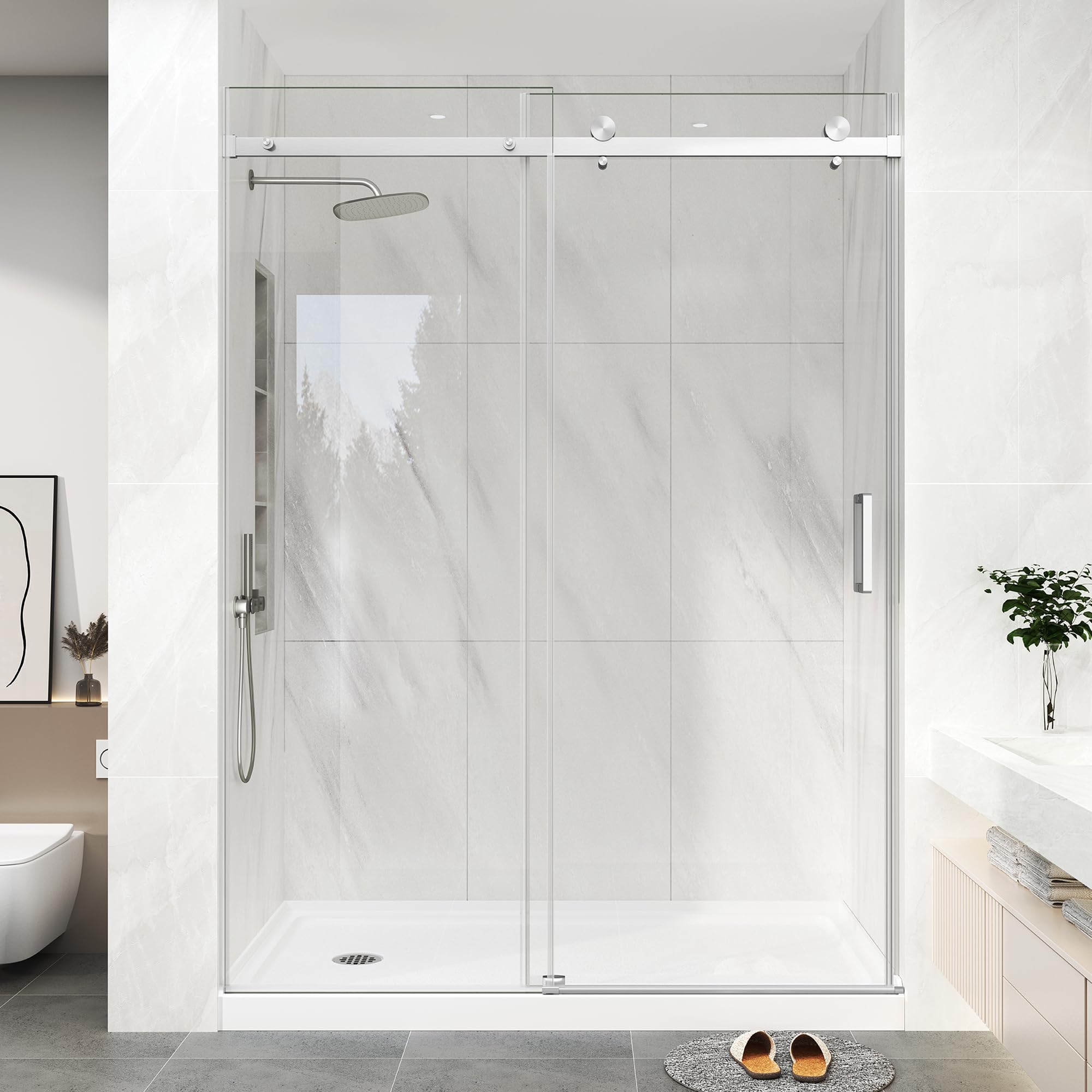 KPUY Frameless Shower Door, 55-60" W x 76" H Sliding Glass Shower Door, 1/4" (6mm) Thick Tempered Clear Glass with Explosion-Proof Film Nano Coating, Brushed Nickle
