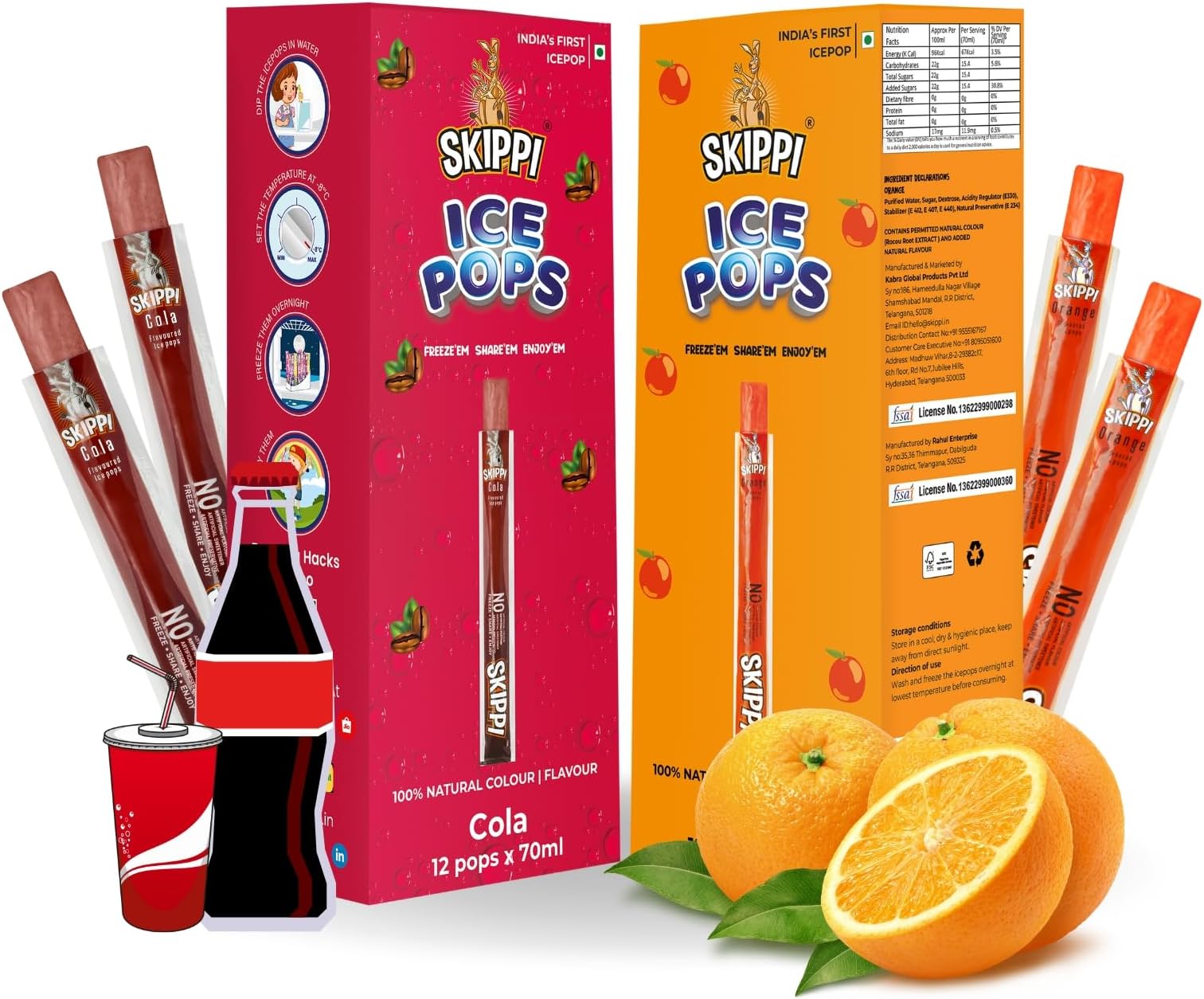 Skippi Icepops Freezer Pops, Juice Bars, Ice Pops - Cola & Orange Flavors (12+12 Pops) - Vegan, Gluten-Free, Dairy-Free, No Artificial Flavors or Preservatives