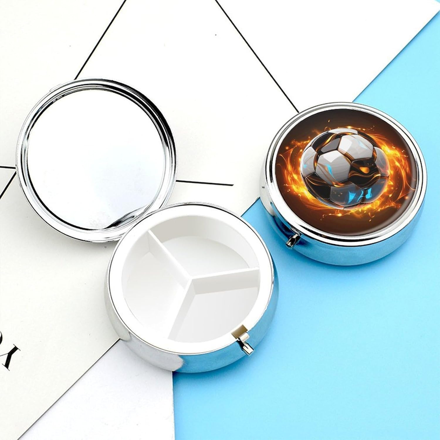 Cool Soccer Ball 3 Compartments Pill Box with Mirror for Pocket image 3