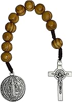 Vista 1 de Treasure4U-Store San Benito Medalla de Oración Bolsillo Rosario Católico Marrón Cuentas de Madera San Benito Tenner Estilo Abierto Rosario de una