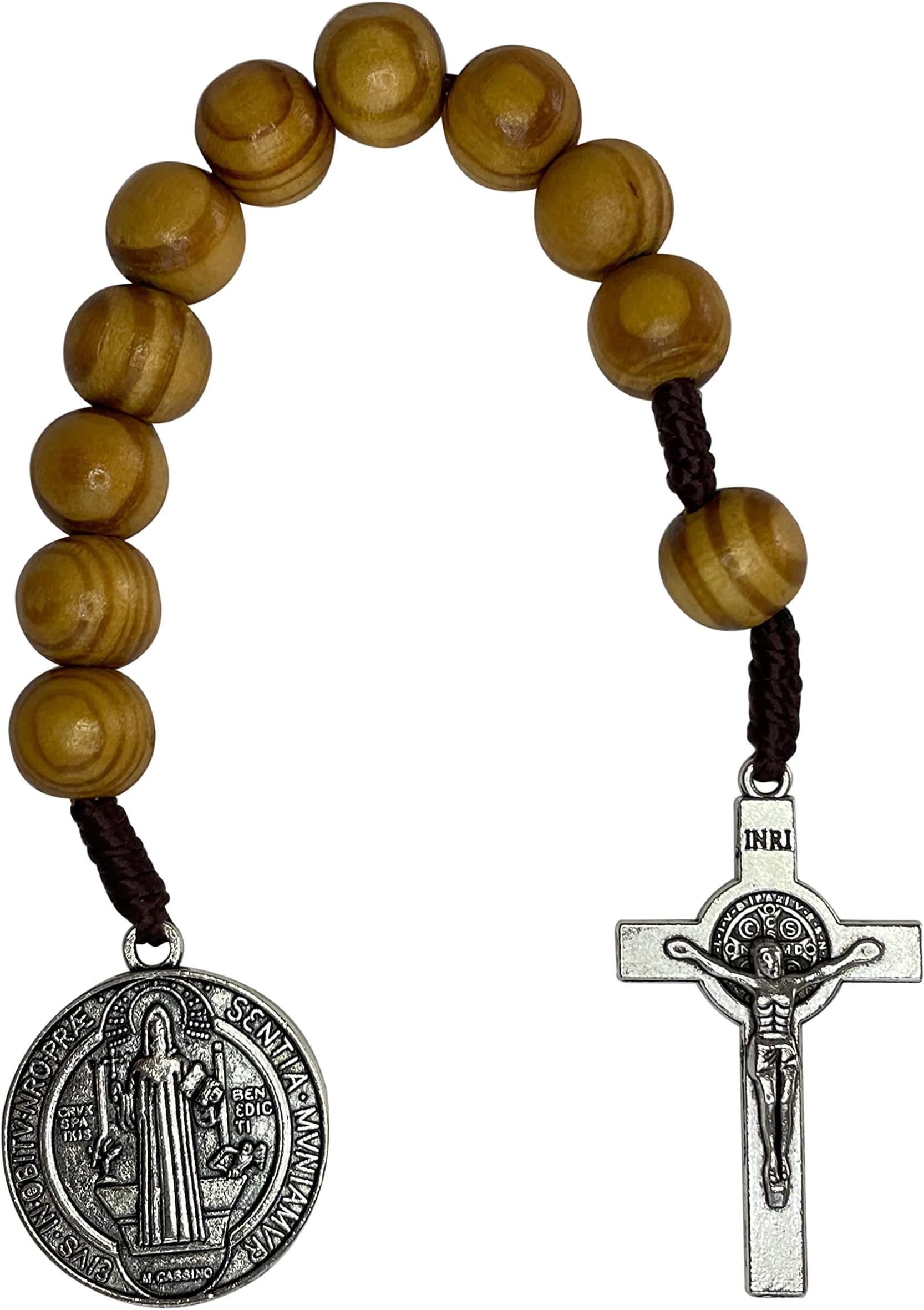 Saint Benedict Medal Prayer Pocket Rosary Catholic Brown Wood Beads San Benito Tenner Open Style One Decade Rosary