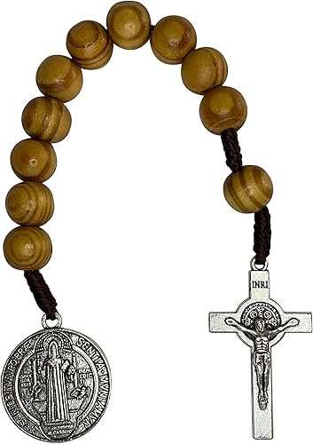 Treasure4U-Store San Benito Medalla de Oración Bolsillo Rosario Católico Marrón Cuentas de Madera San Benito Tenner Estilo Abierto Rosario de una