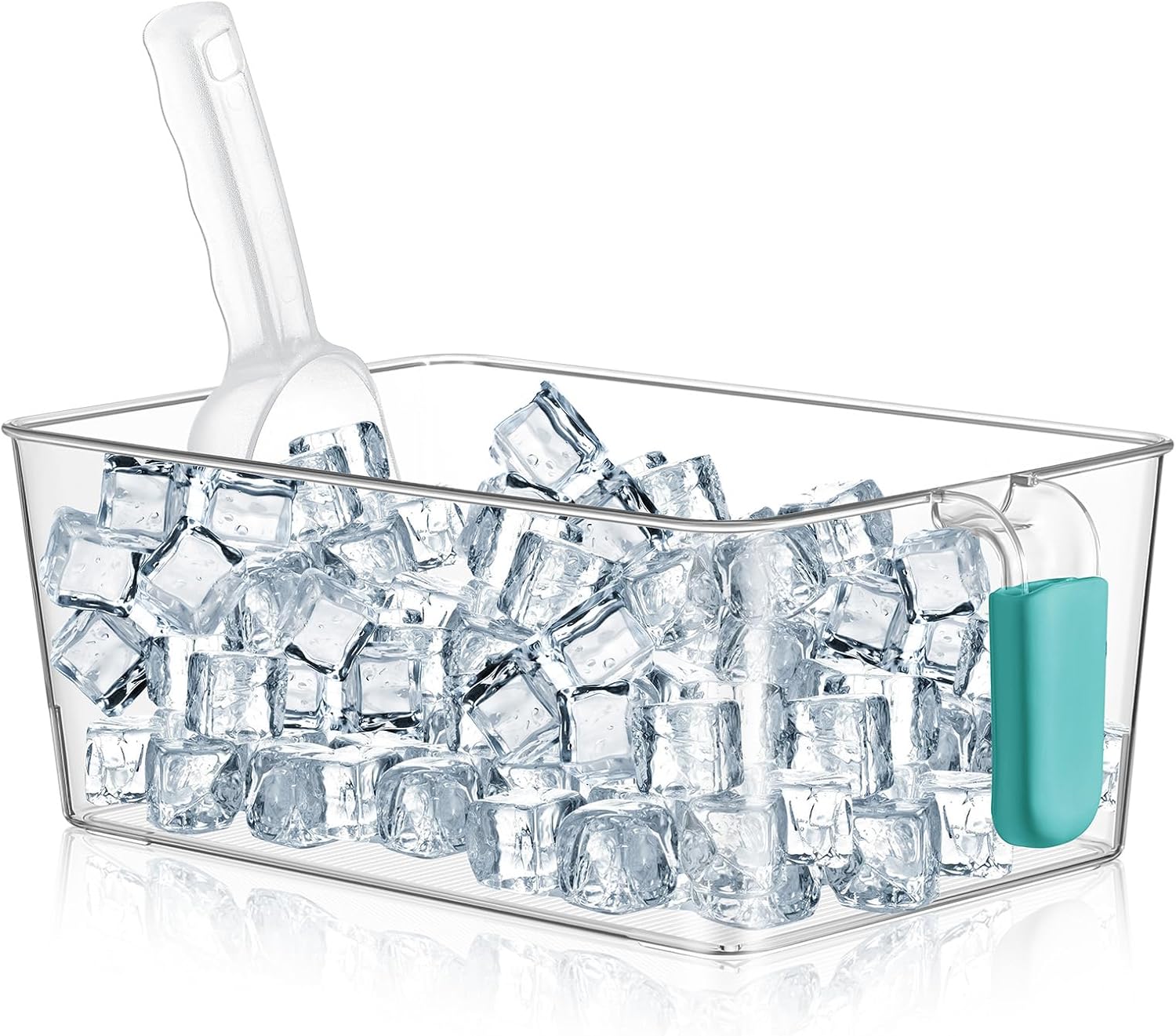 Havawish 1 Set Ice Bin and Flexible Scoop Set Plastic Freezer Ice Bin with Pull out Handle Storage Bucket Clear for Container with Bucket Scoop (10.83 x 7 x 4.33 in,Blue)