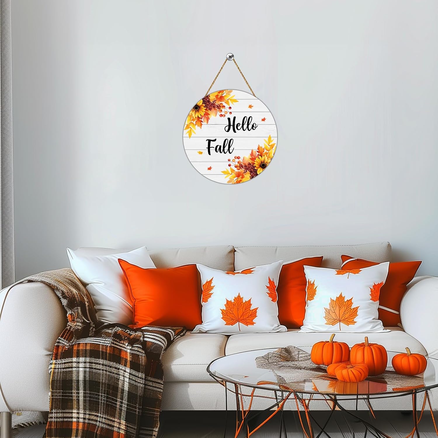 Fall Door Decor Maple Leaf Sunflower Berries Wall Decor Hello Fall Sign Wooden Front Door Hanger for Autumn Thanksgiving Harvest Farmhouse Porch Indoor Outdoor Home Decorations
