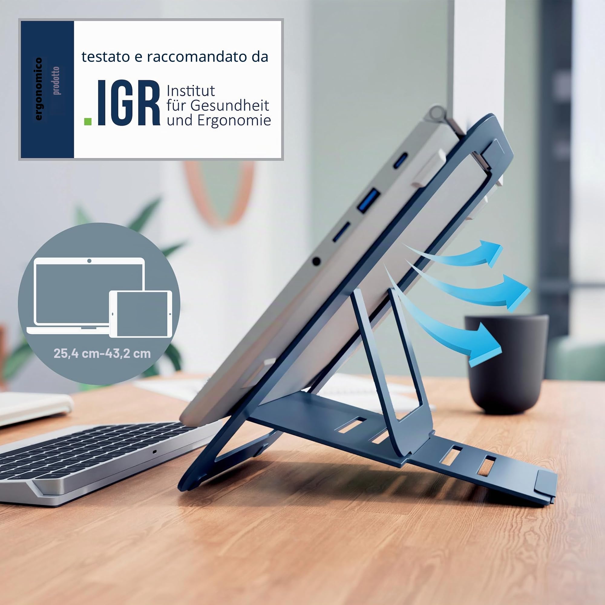 Leitz Supporto per Laptop in Alluminio, Design SlimLift, 5 Combinazioni di Altezza e Angolazione Preimpostate, per Laptop/Tablet da 10'' - 17'', Gamma Ergo, Grigio Scuro, 63460089