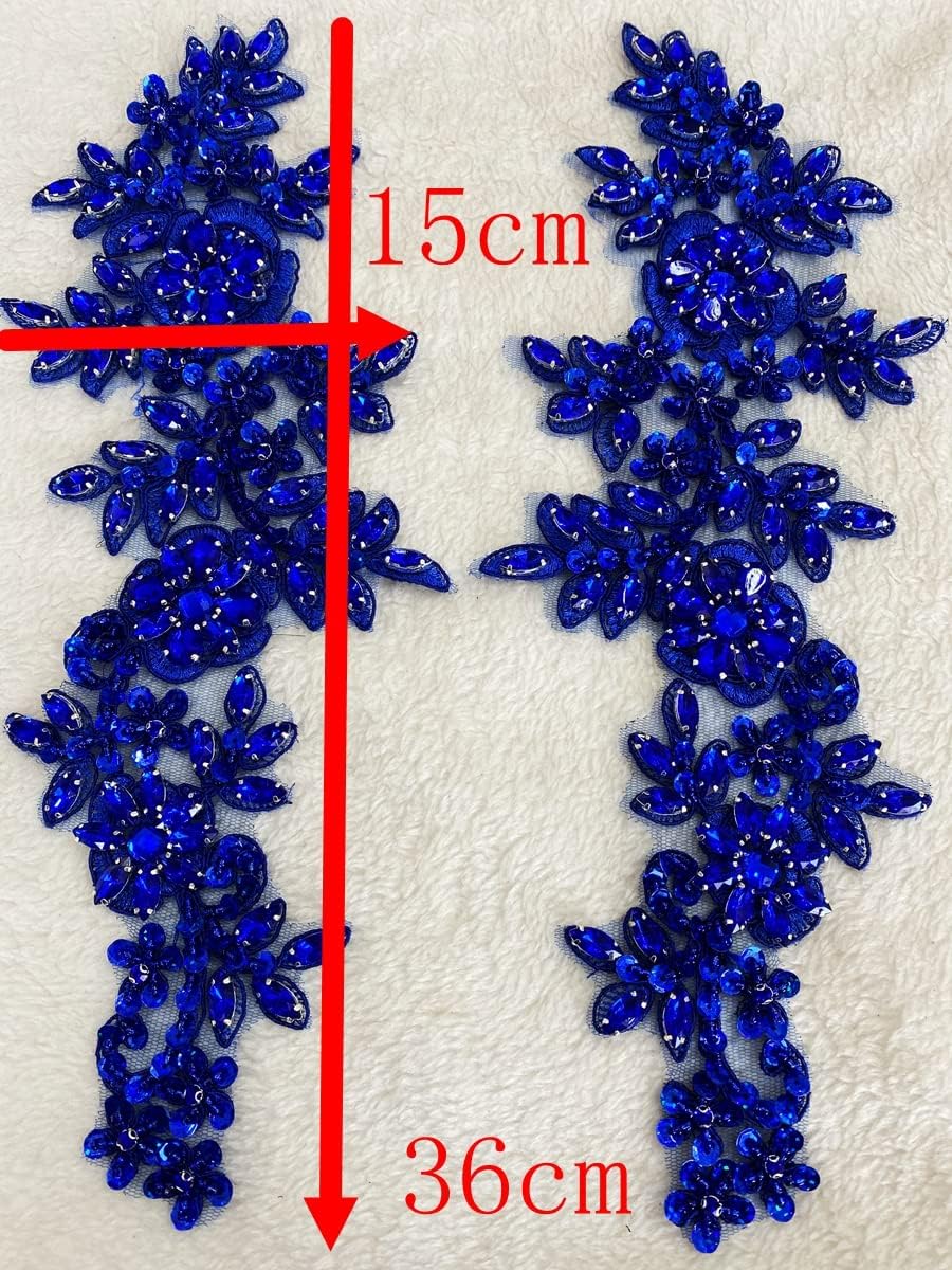 Handmade red/White//Green/Blue Rhinestones Applique Sewing Beads Stones Trim lace Patches Accessory for Dress Clothes one Pair (White)
