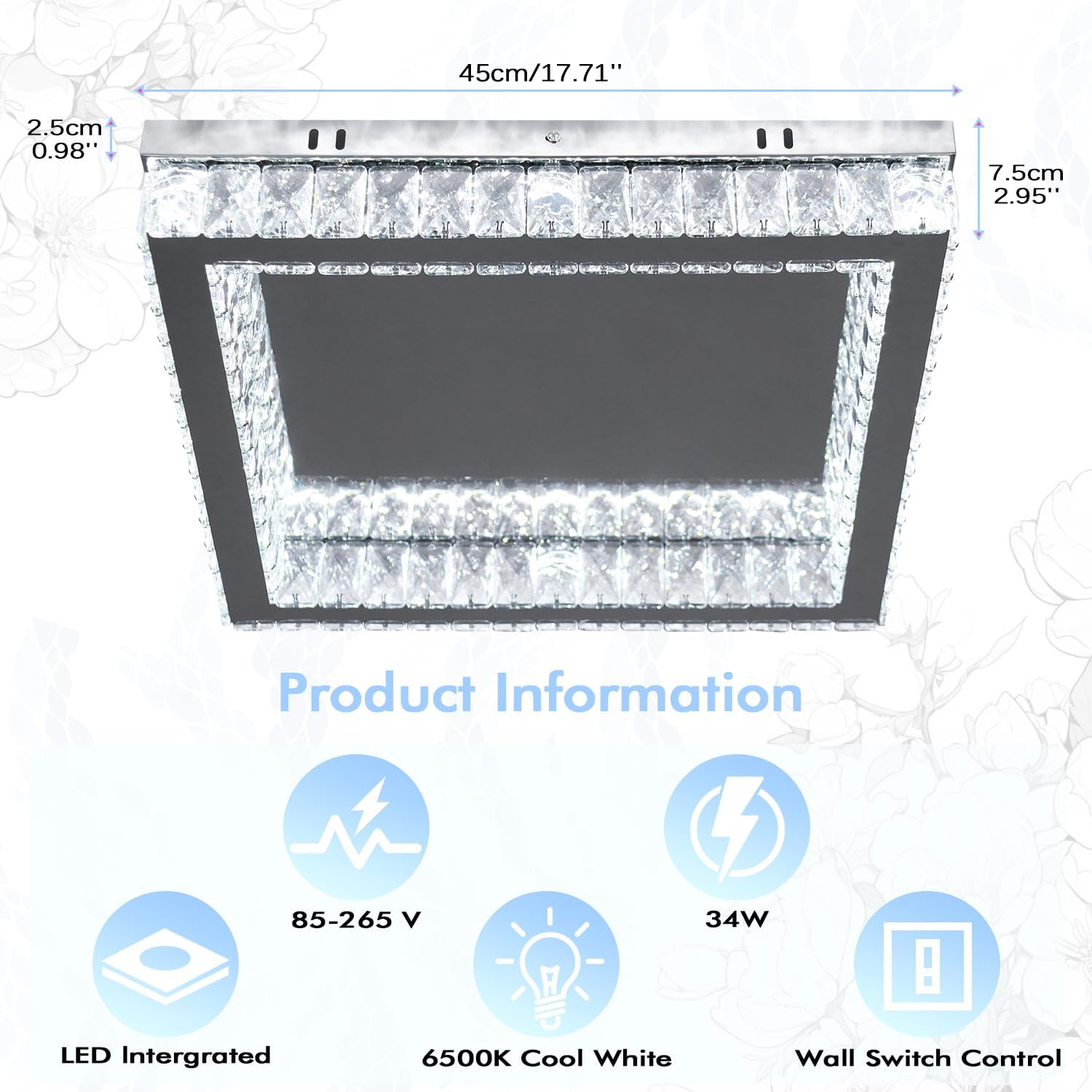 Finktonglan Square Crystal LED Flush Mount Ceiling Light, 17.7" Modern Crystal Flush Mount Chandelier, 48W 6000K Cool White, K9 Crystal & Stainless Steel, Low Profile, Non-Dimmable, No Remote