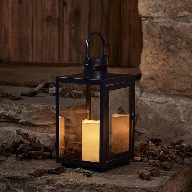 Lights4fun Large Black Metal Decorative Candle Lantern LED Battery Operated with Timer Indoor Outdoor Use 30cm