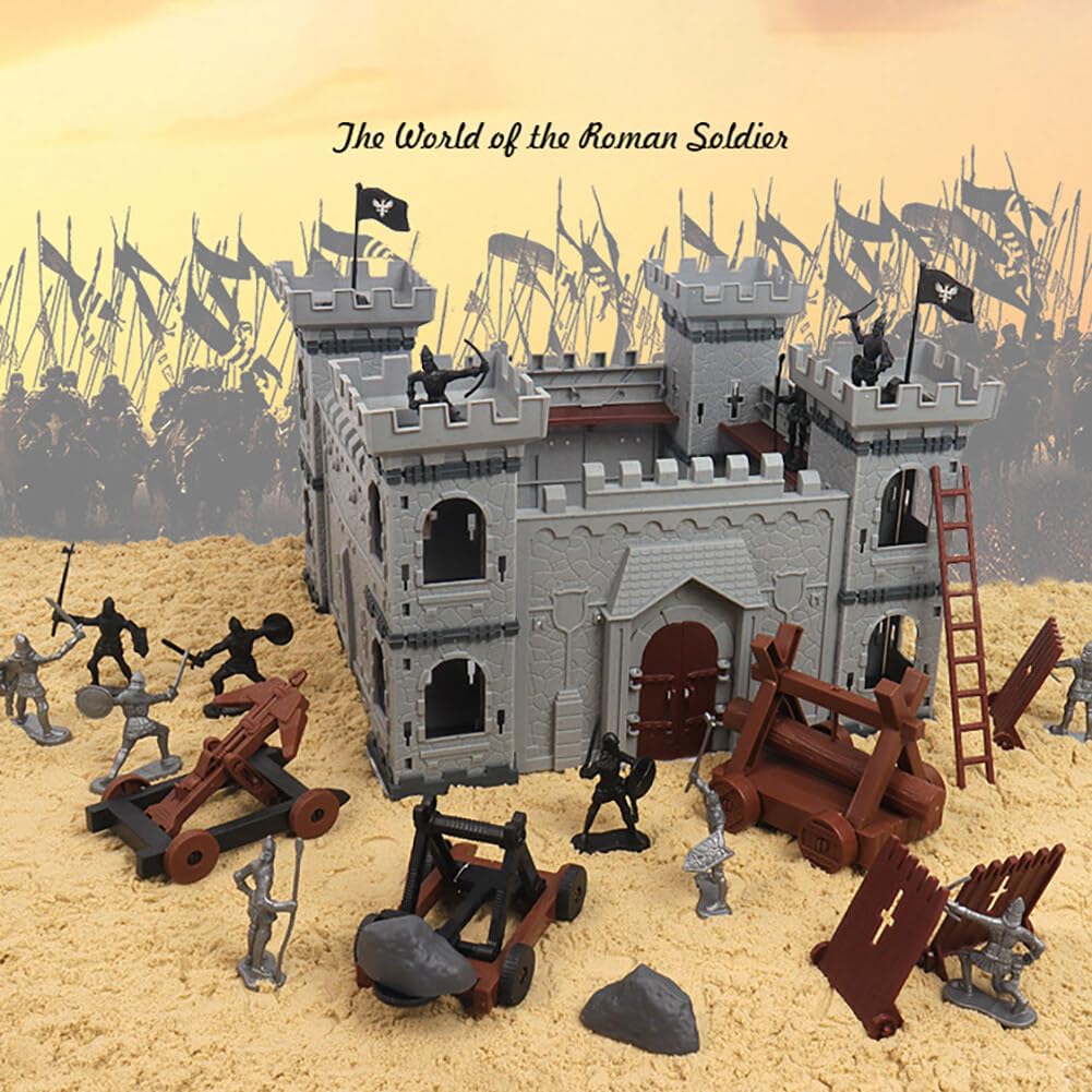 Asudaro Modelo de juguete de caballero romano antiguo DIY modelo de juguete medieval en miniatura incluyendo castillo carro soldado figura medieval caballero plástico figura de acción castillo playset