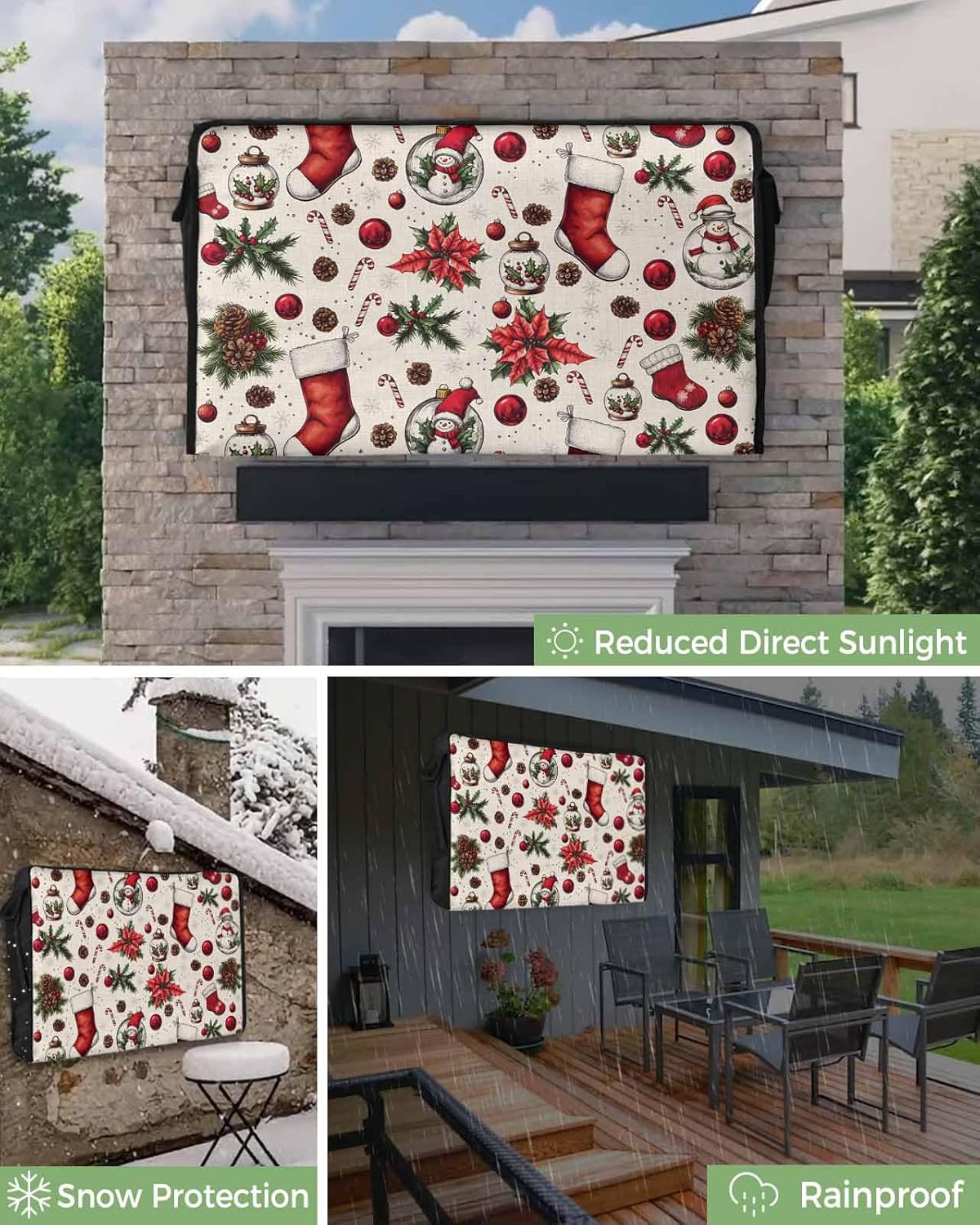 Christmas Poinsettia Outdoor TV Cover 48"-50" - 600D Waterproof TV Cover Weatherproof TV Screen Protector Snowflake Winter Xmas Snowman Pinecone Balls Beige TV Display Protector for Screen TV