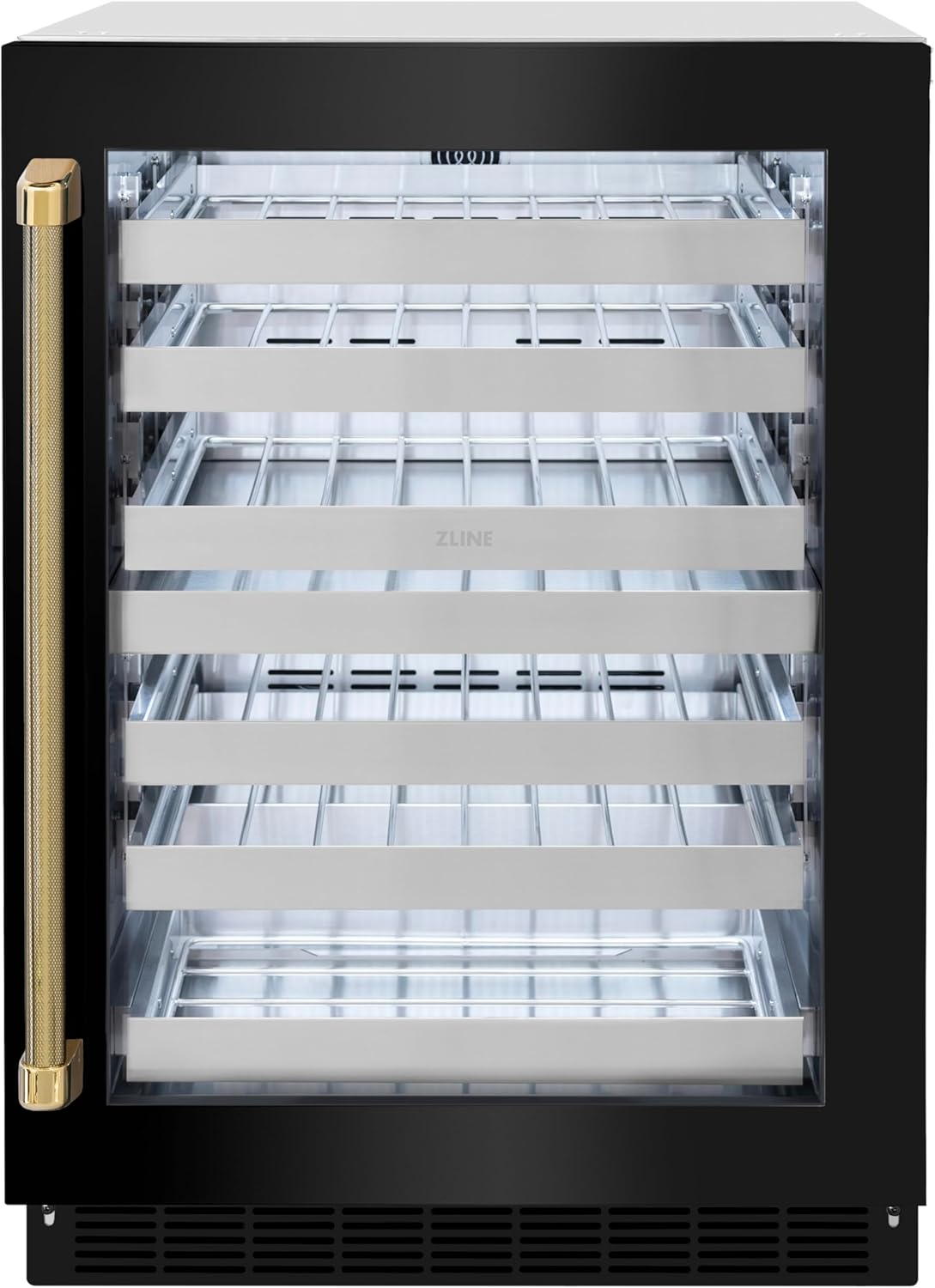 ZLINE Autograph Edition 24 in. Touchstone Dual Zone 44 Bottle Wine Cooler with Black Stainless Steel Glass Door and Polished Gold Helix Handle (RWDOZ-BS-24-KG)