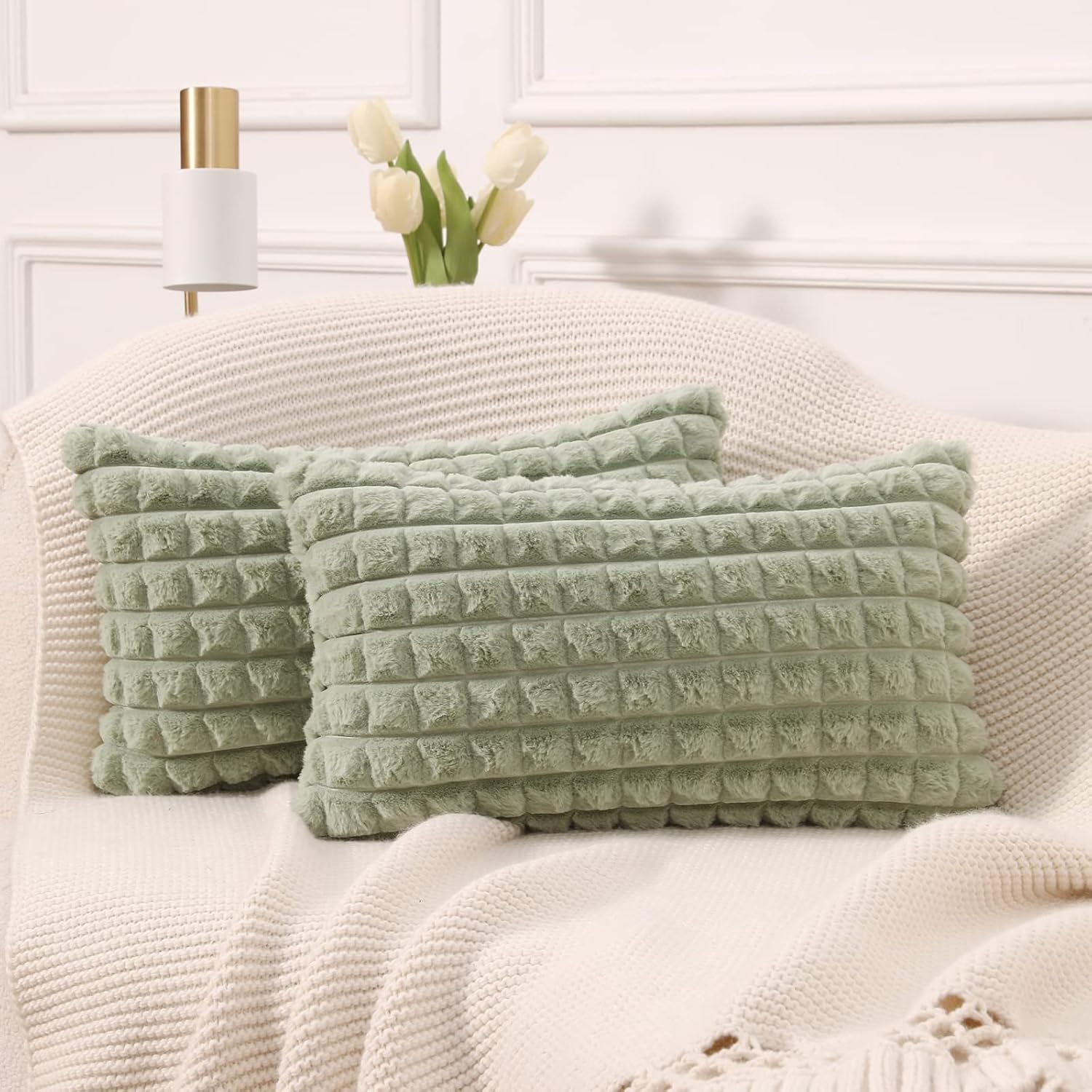 Mandioo Set of 2 Super Soft Plush Sage Green Cushion Covers 30cm x 50cm