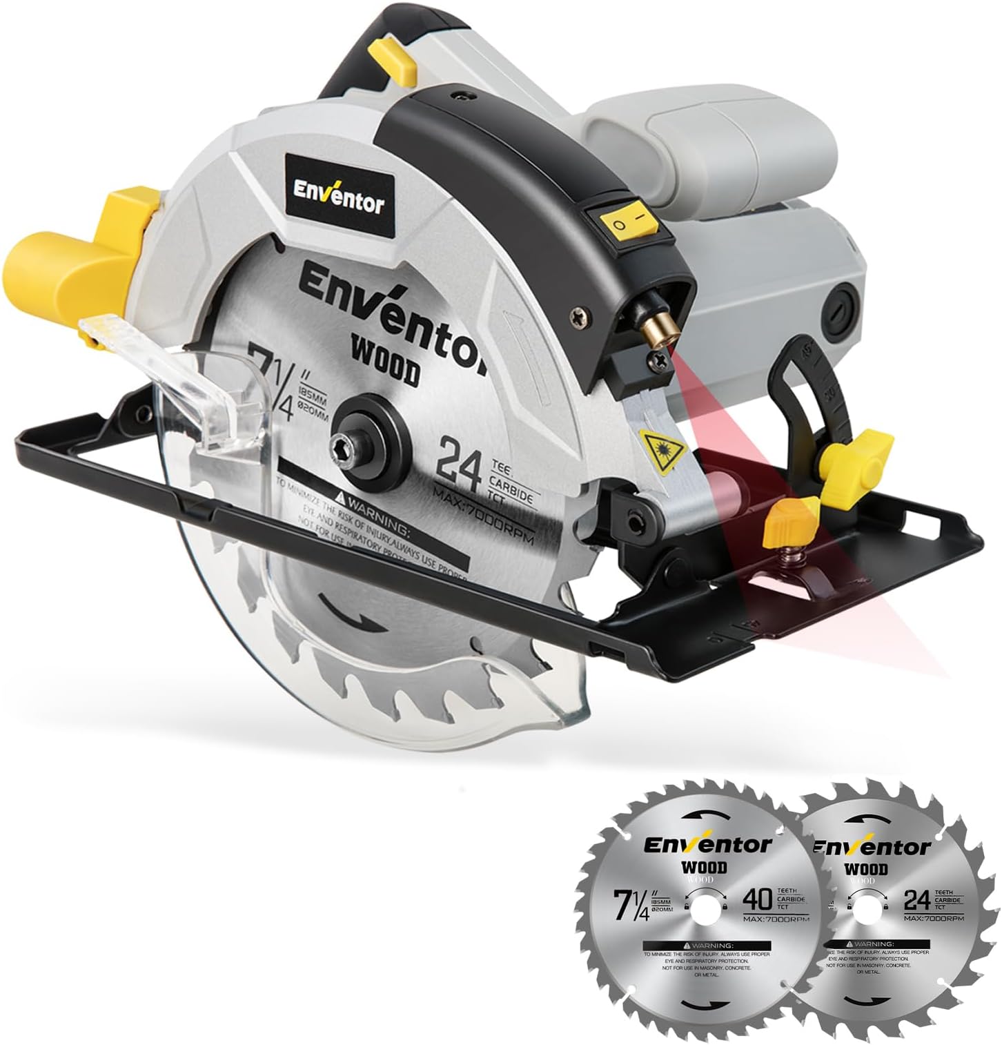 Enventor Circular Saw, 1200W 5800RPM Pure Copper Motor Electric Circular Saws with Laser Guide, 2 Saw Blades(185mm, 24T+ 40T), Max Cutting Depth 62mm (90°), 42mm (45°), Ideal for Wood Cutting Corded