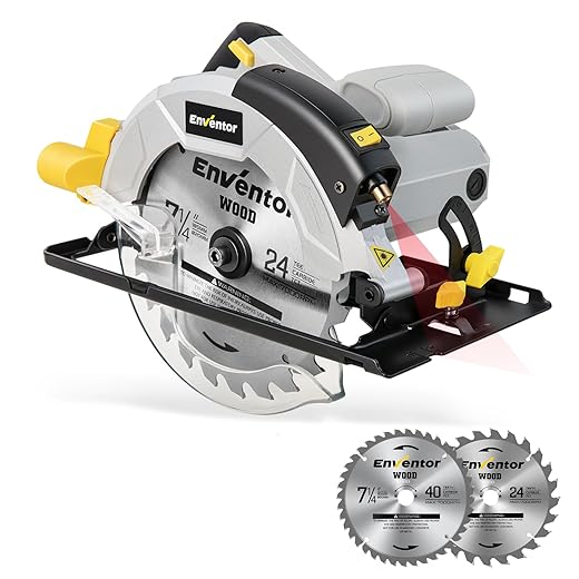 Enventor Circular Saw, 1200W 5800RPM Pure Copper Motor Electric Circular Saws with Laser Guide, 2 Saw Blades(185mm, 24T+ 40T), Max Cutting Depth 62mm (90°), 42mm (45°), Ideal for Wood Cutting Corded