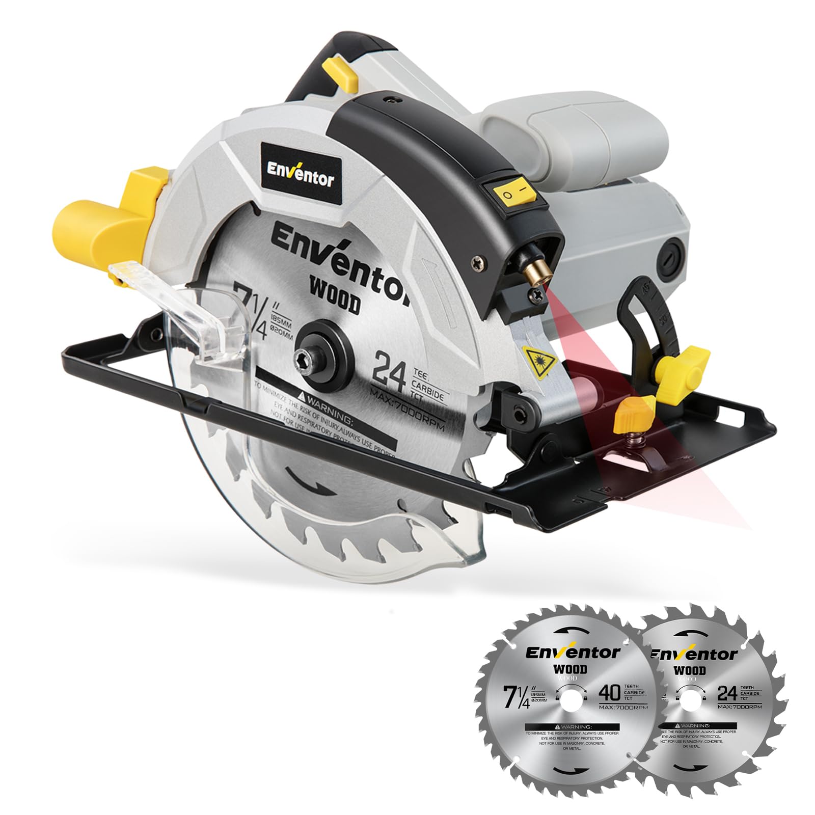 Enventor Circular Saw, 1200W 5800RPM Pure Copper Motor Electric Circular Saws with Laser Guide, 2 Saw Blades(185mm, 24T+ 40T), Max Cutting Depth 62mm (90°), 42mm (45°), Ideal for Wood Cutting Corded