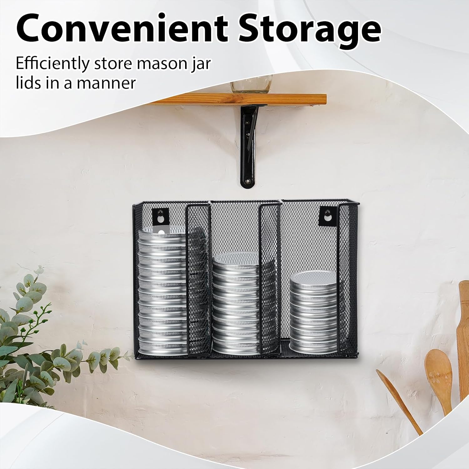 Wall Mounted Mason Jar Lid Organizer Metal Mason Jar Lid Holder 3-Compartment Mason Jar Lid Rack Vertical Mason Jars Lid Storage Wide Mouth Canning Lid Holder for Kitchen Countertop