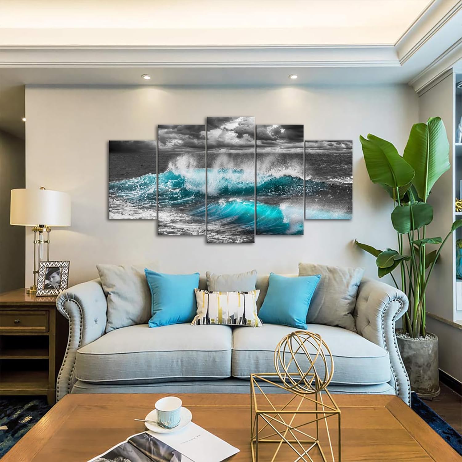 KLVOS 5 Piece Sea Waves Wall Art Black and White Blue Ocean Paintings Coastal Nautical Canvas Prints Mordern Seascape Picture Decor Giclee Artwork Gallery Wrapped Gift Living Room Bedroom Bathroom