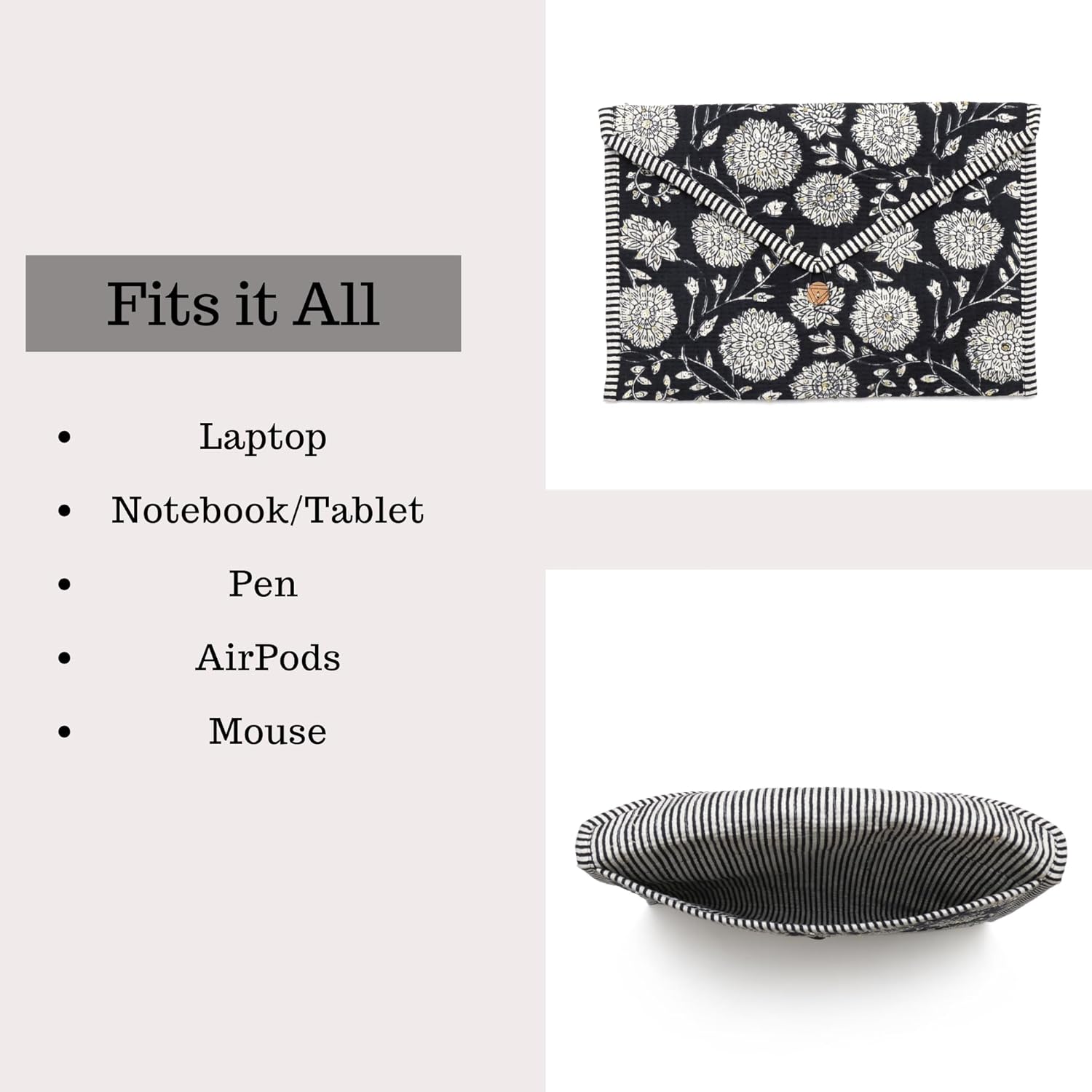 Handmade Laptop and Tablet Sleeve for Women, 13-14 Inch Laptop Sleeve for Women. Laptops and Tablets, Slim & Lightweight Cover with Padded Interior (Black & White)