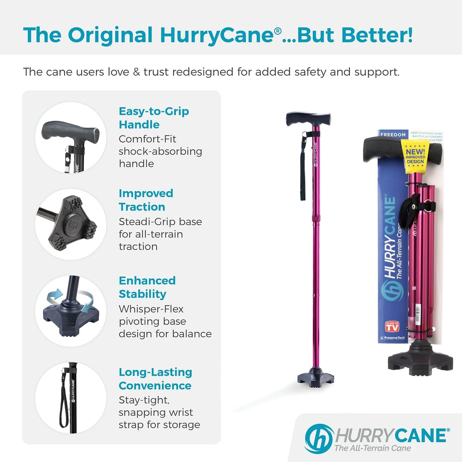 HurryCane Freedom Edition Foldable with T Handle Walking Cane for Men & Woman (Red/Magenta) Bundle with PremGear Cane Holder, Compatible with HurryCane