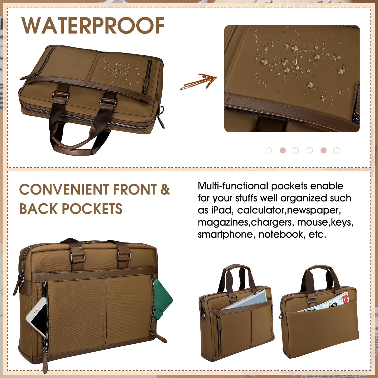 Banuce Briefcase for Men Waterproof 14 Inch Laptop Bag with Detachable and Adjustable Strap for Business Travel Work Slim Light Weight Vintage Brown