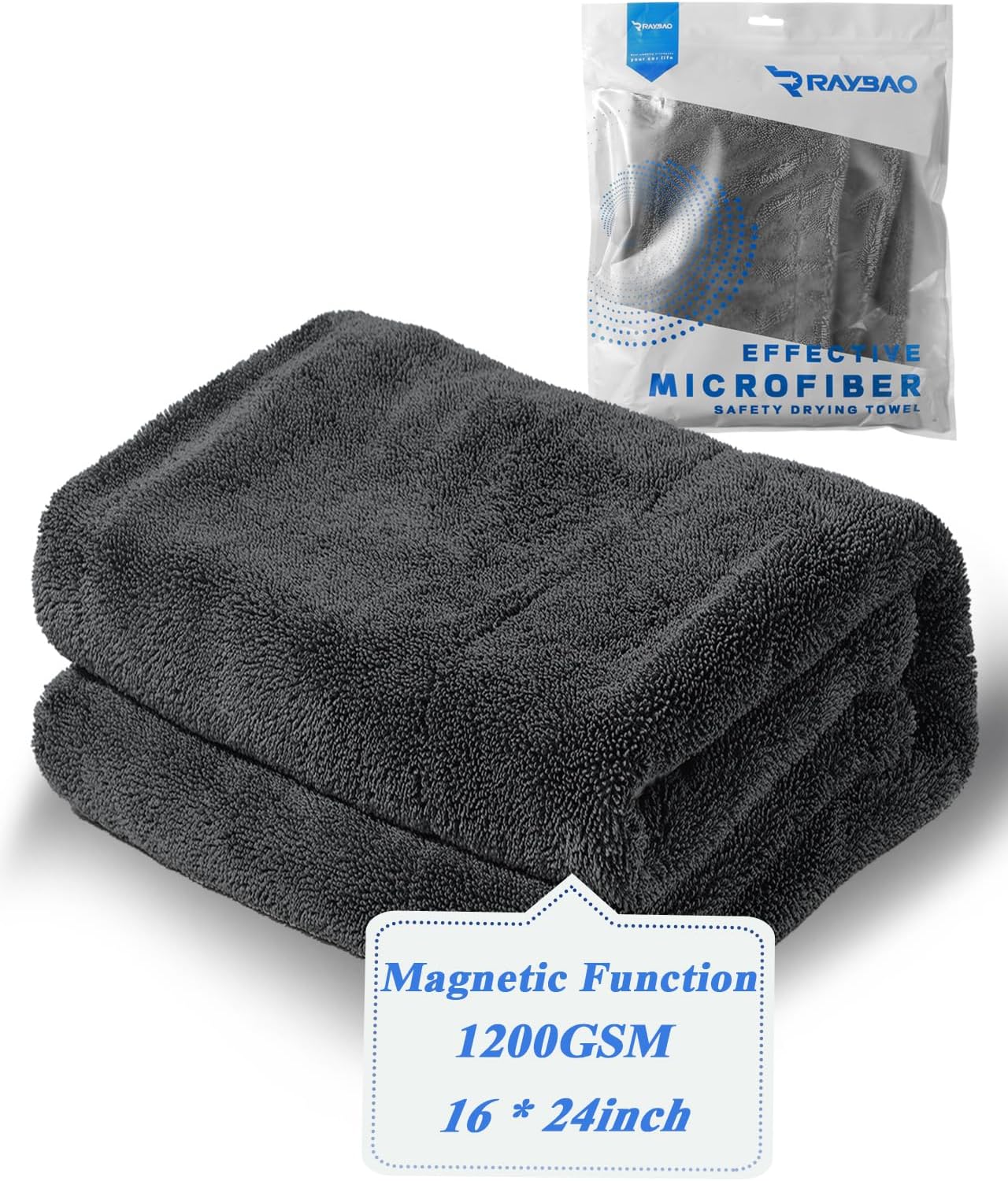 Car Drying Towel, Large Premium1200GSM, (16 * 24inch), Super Absorbent, Double Twist Pile & Edgeless Design, Magnetic Function, Microfiber Towel for Car Detailing, Grey, RB808