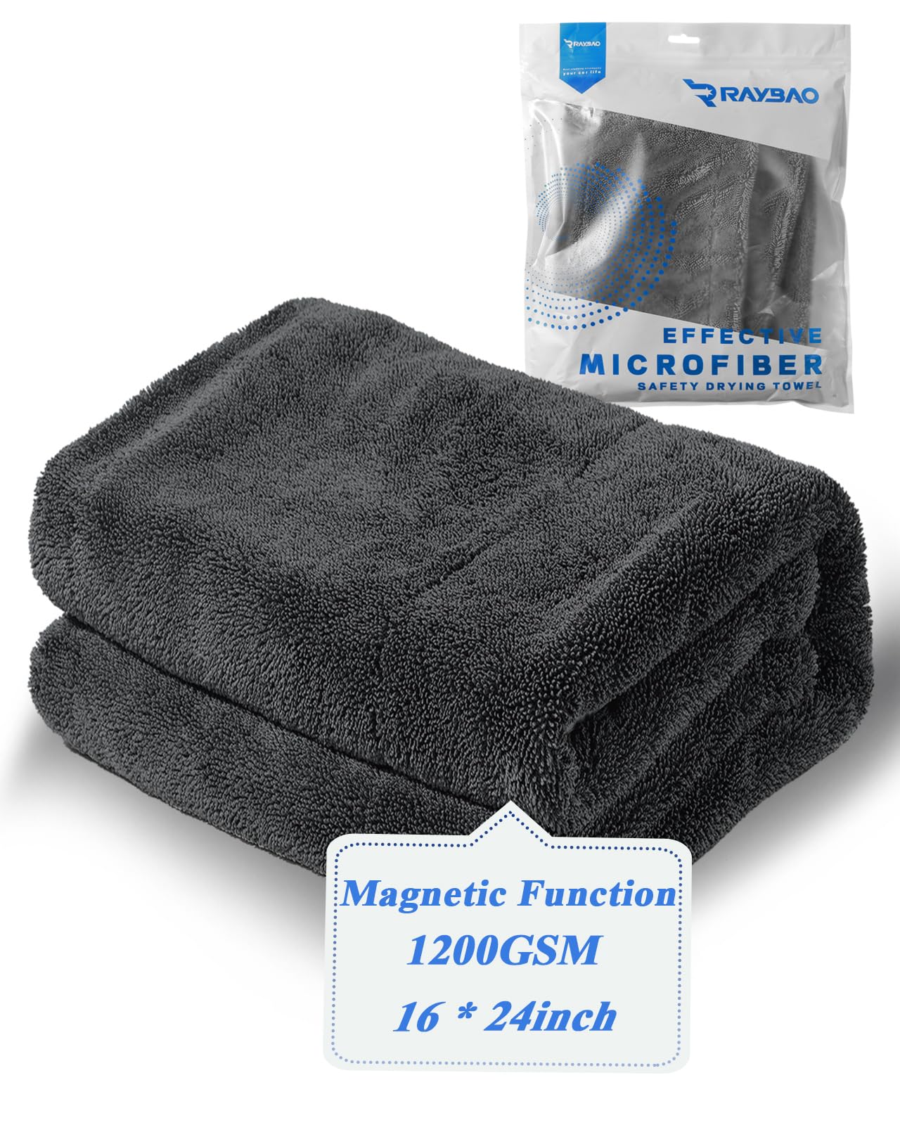 RAYBAO Car Drying Towel, Large Premium1200GSM, (16 * 24inch), Super Absorbent, Double Twist Pile & Edgeless Design, Magnetic Function, Microfiber Towel for Car Detailing, Grey, RB808