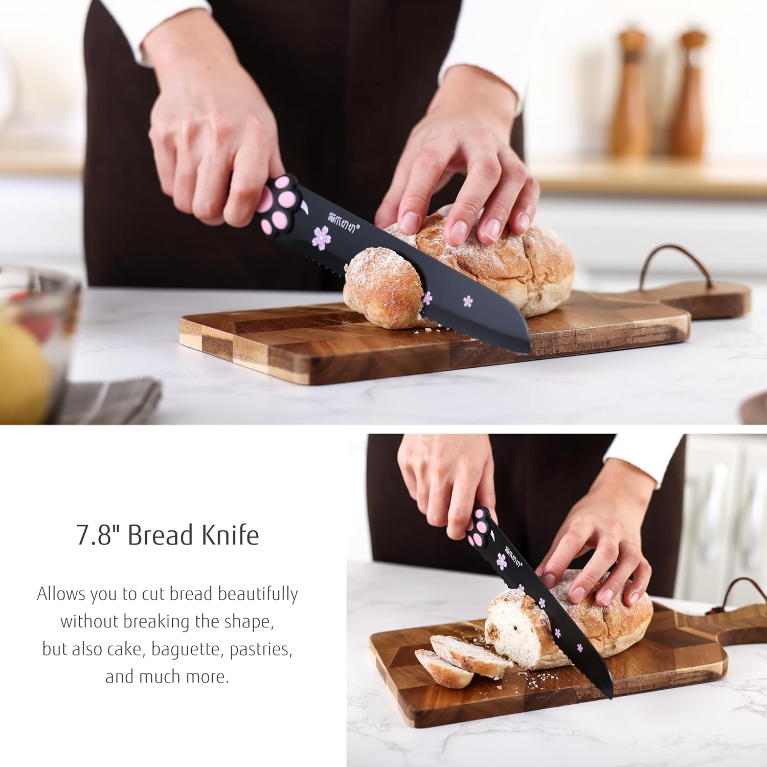 Cute Kitchen Knife Set, Dishwasher Safe, 5 pieces Non-Stick Knives,Sharp for Chopping, Slicing, Dicing and Cutting, Cat Paw Handle