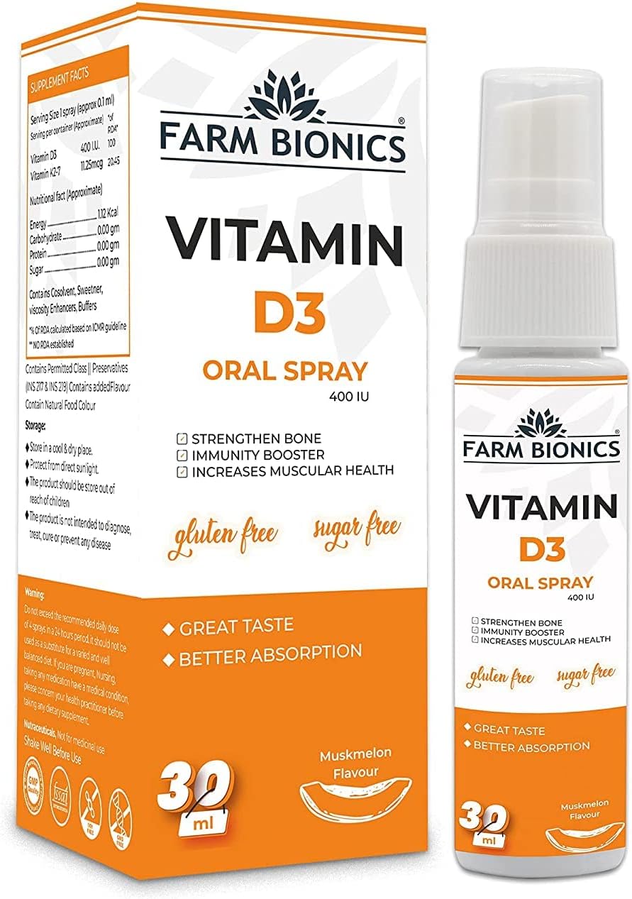 FARM BIONICS Vitamin D3 400 IU Spray Supplement, 30ml | Vitamin D3 Booster Oral Spray | 100% Vegetarian | Sugar and Gluten Free | Immunity Booster Spray for Men and Women (Muskmelon, Pack of 3)