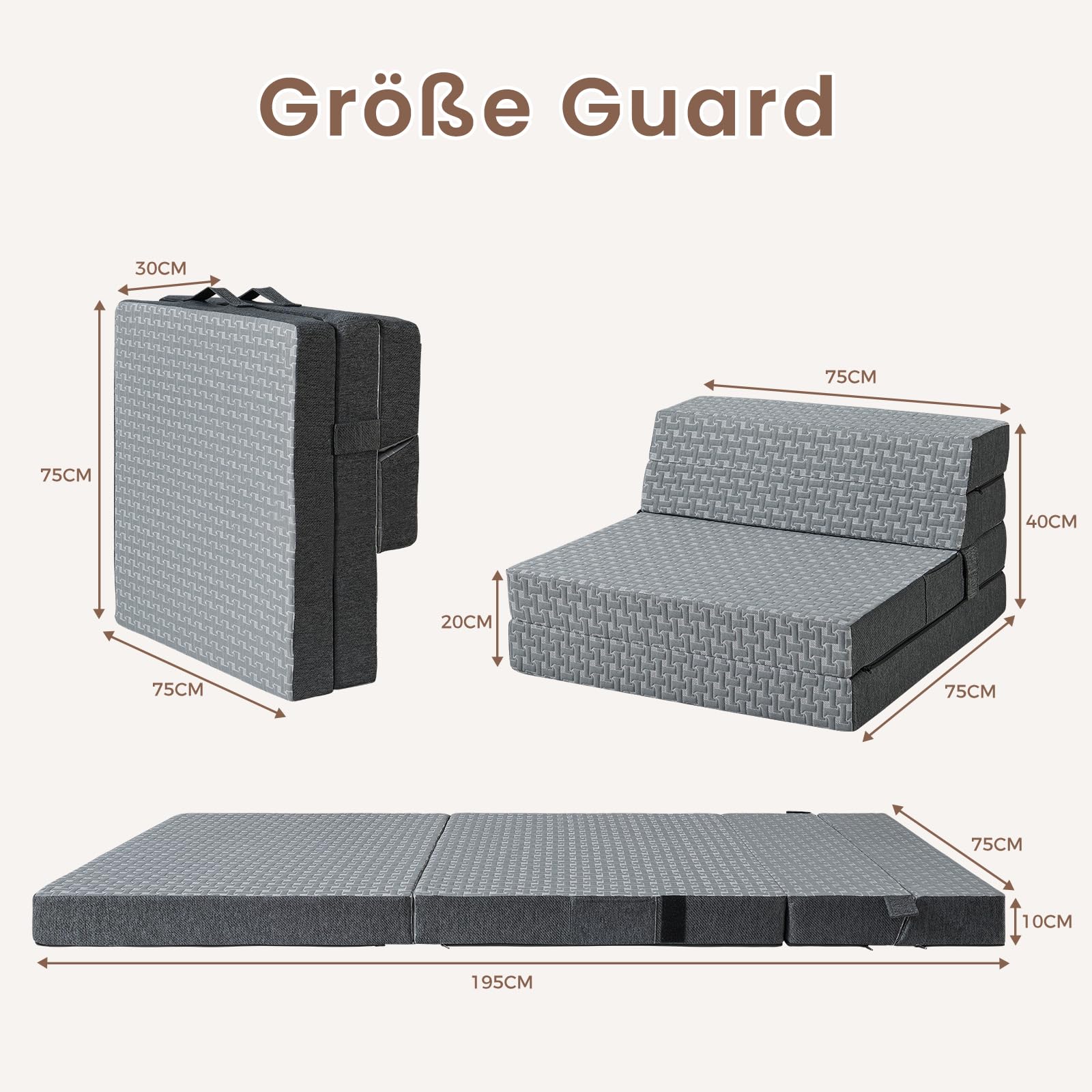 Faltmatratze 75x195x10cm, 3-in-1 Schlafsofa Gästebett Klappbar