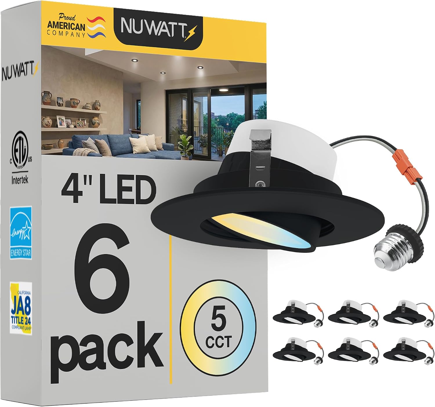 NUWATT 4 Inch Gimbal Black LED Recessed Lights, 2700K-5000K, Airtight, 6 PK