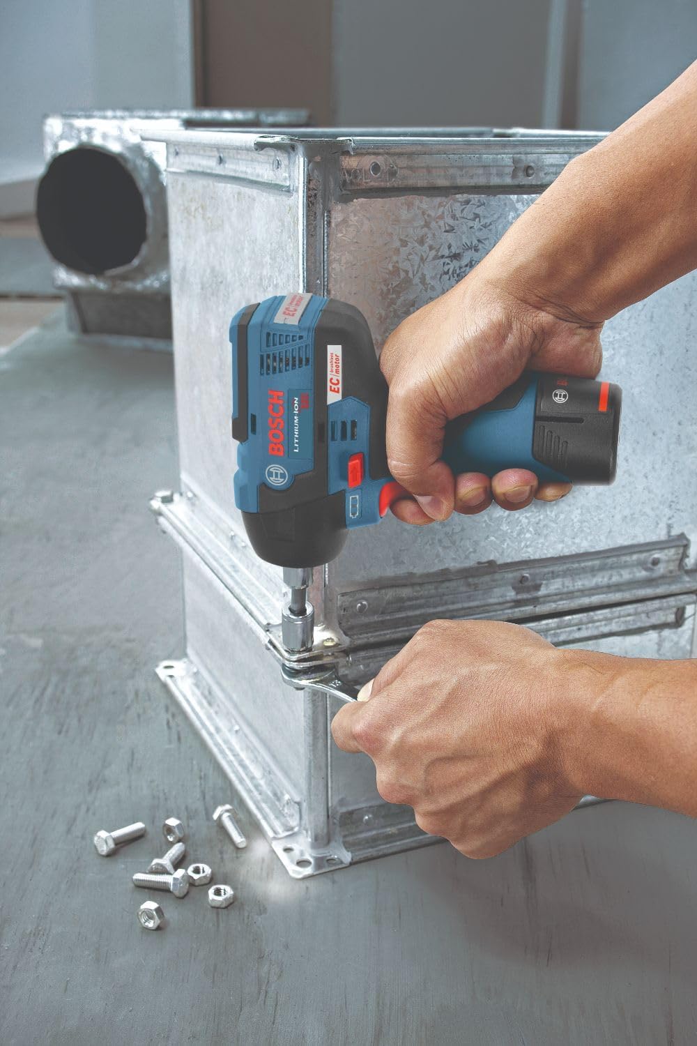 Bosch PS82-02 12V Max EC Brushless 3/8 In. Impact Wrench Kit - Compact, Lightweight, 85 Ft.-Lbs. Max Torque, Two Speed Settings, LED Light Ring, Includes Batteries, Charger, Belt Clip, Carrying Bag