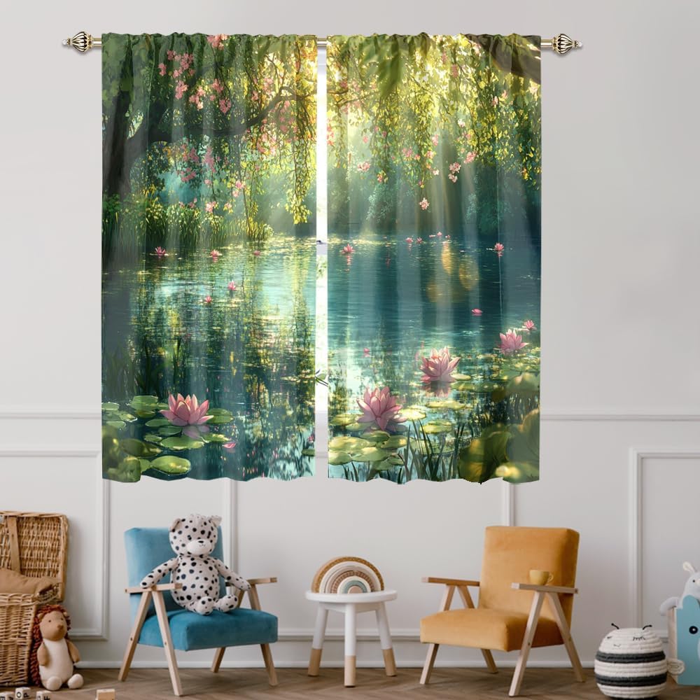 Rustic Aesthetic Lotus Flower Blackout Curtains Fantasy Watercolor Nautical Spring Forest Nature Landscape Soft Blackout Curtains for Bedroom Living Room