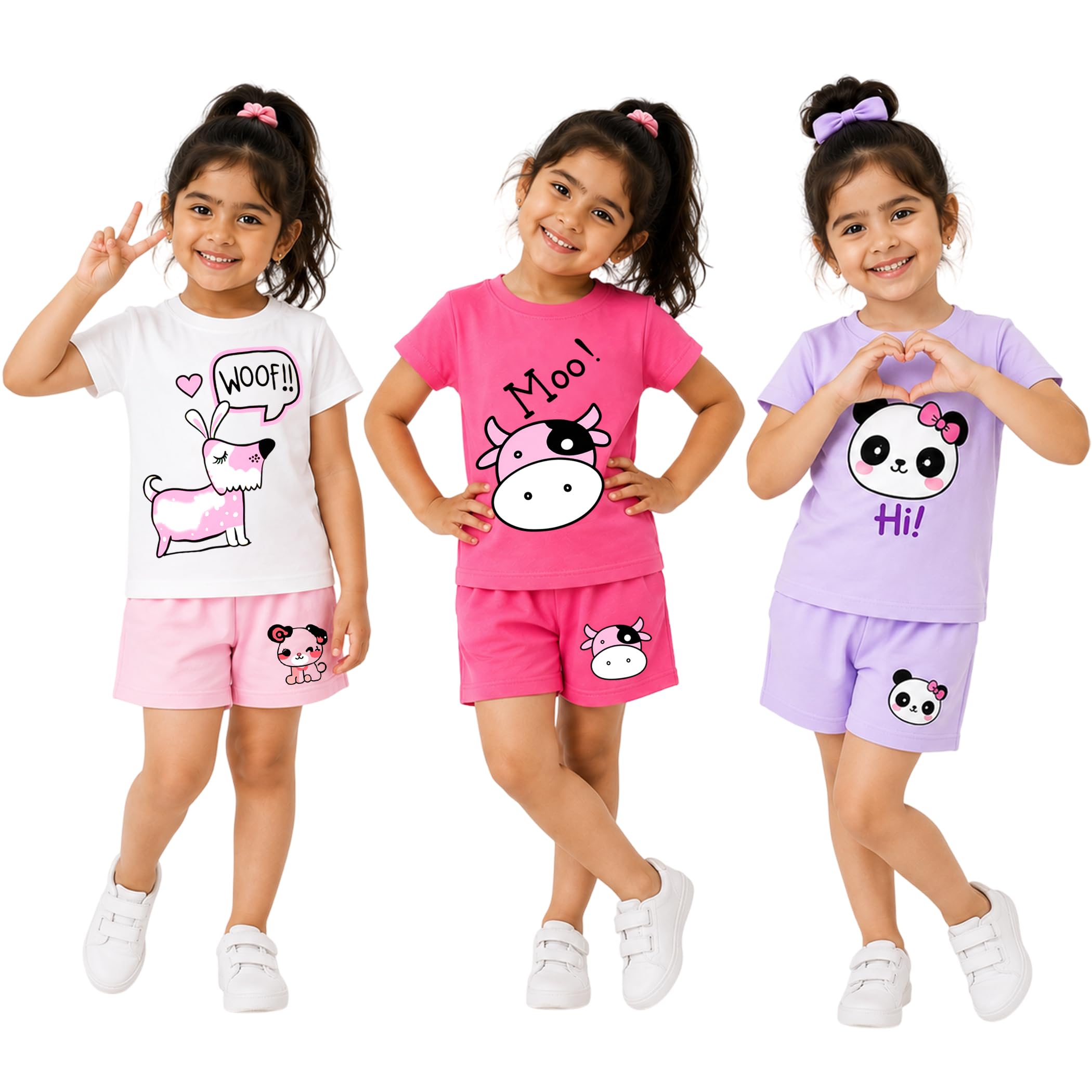 Girls Cotton T-Shirt & Shorts | Printed Summer Wear Set | Soft & Comfortable Kids Clothing | Pack of 3-image-44