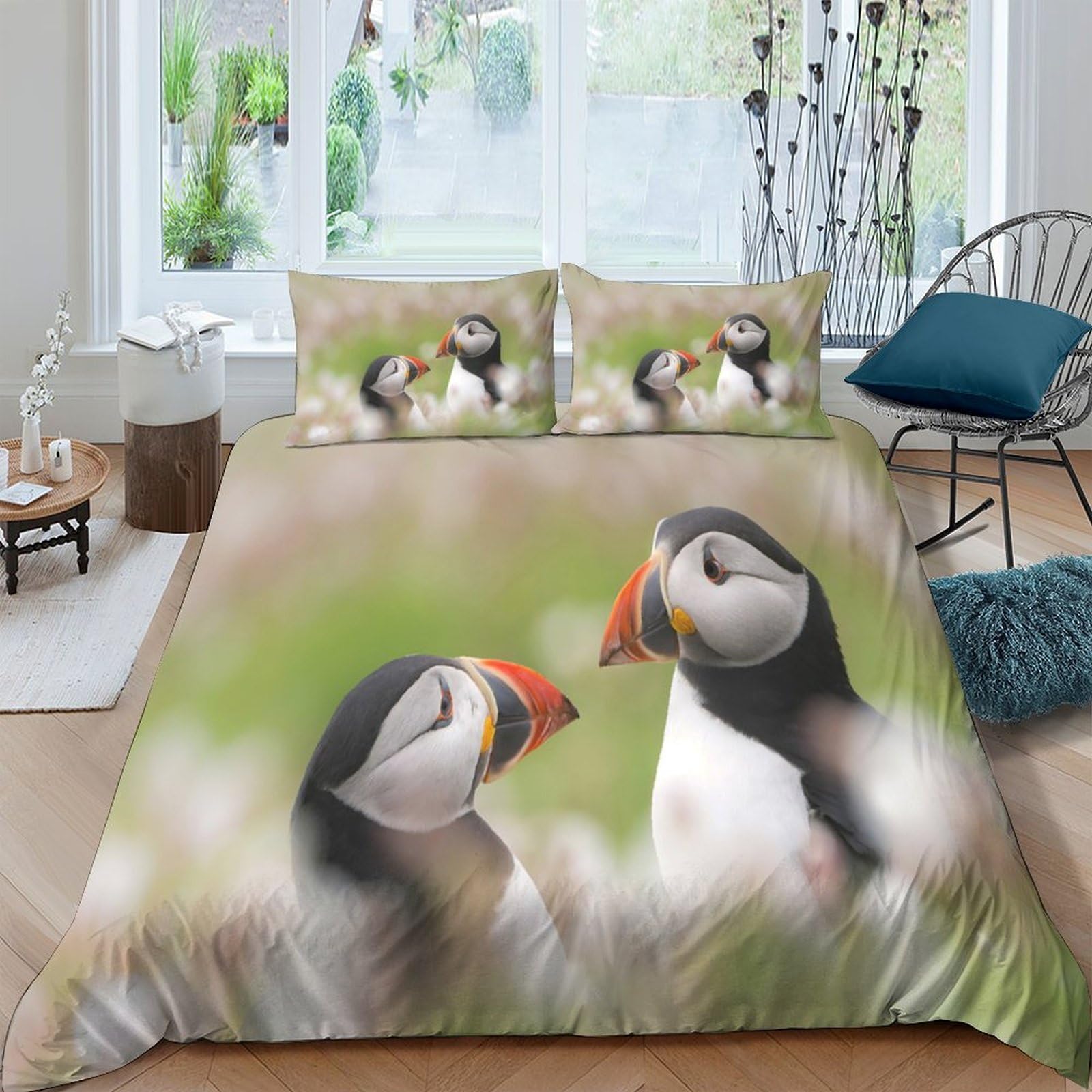 P5V6M1Q9 3D Printed Puffin Pair Duvet Cover Microfiber Soft Breathable Meadow Scene Bedding Set with 2 Pillowcases for Bedroom Decor Single（135x200cm）