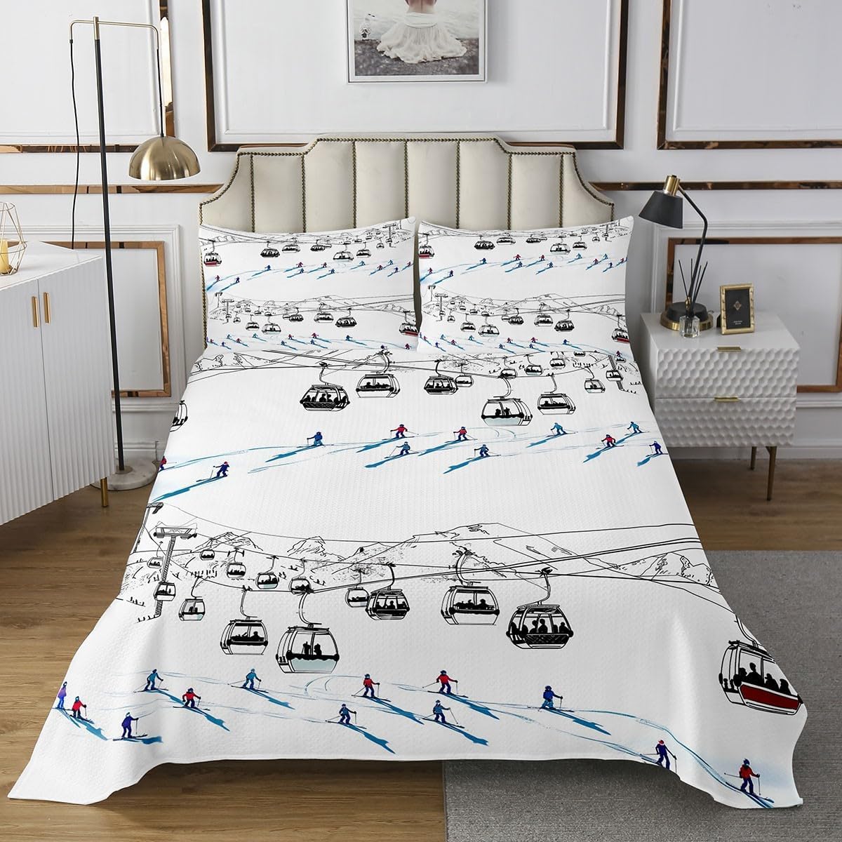 Manfei Skiing Kids Bedspread Queen Size,Snowboarding Ski Sport Gaming Coverlet Set,Girls Boys Room Decor,Winter Extreme Games Quilted Coverlet,White Blue Bedding Quilt,2 Pillowcases image 2